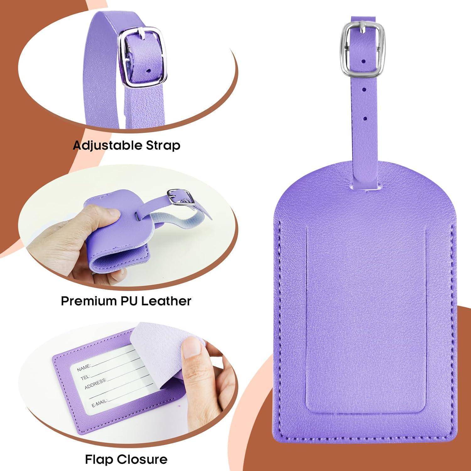 Lila Lederreiseetiketten mit verstellbarem Riemen und Klappverschluss, gezeigt mit Nahaufnahmen des Riemens, Premium-PU-Leder und Ausweiskartenhalter.