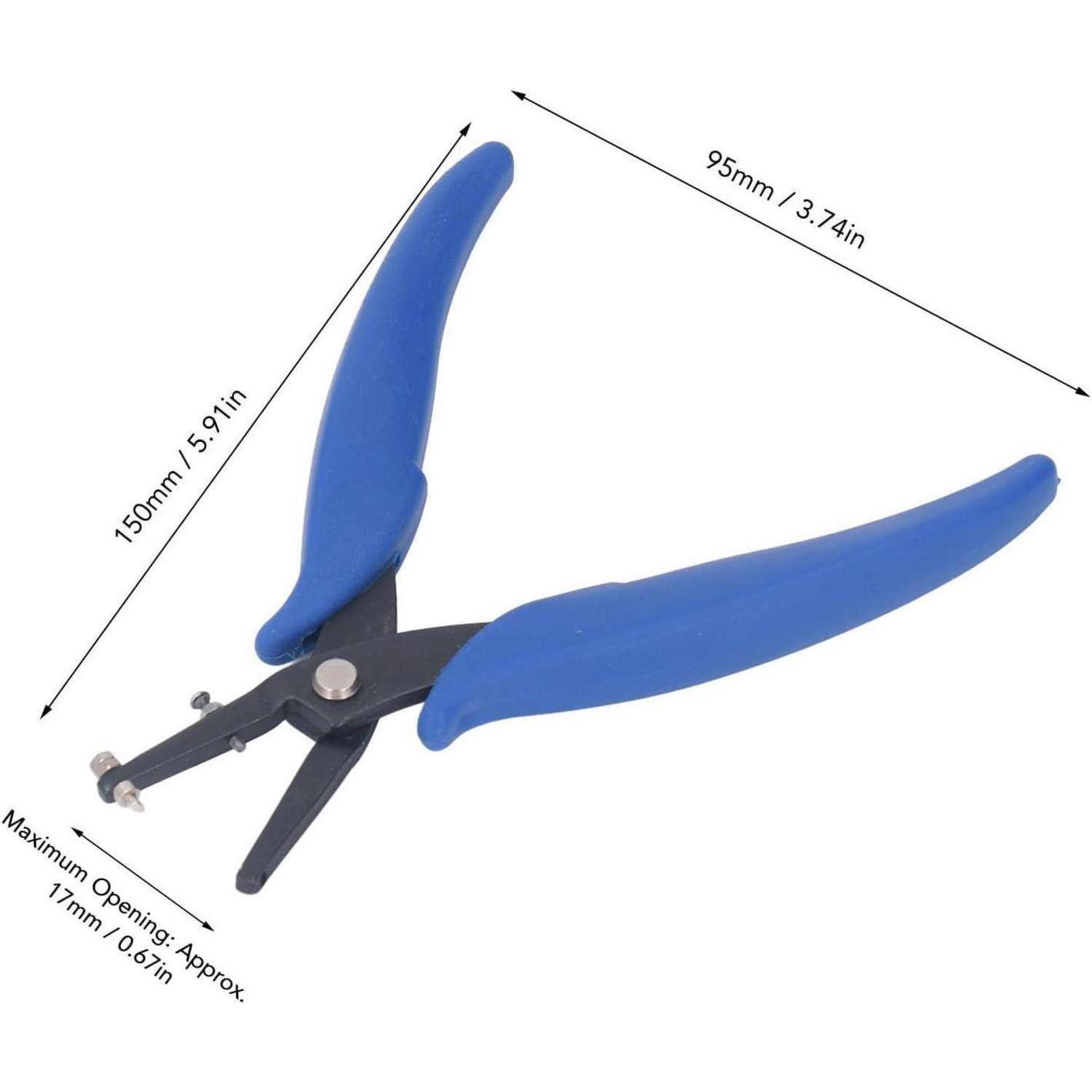 Seegerringzange mit blauem Griff und schwarzen Backen, gezeigt mit Abmessungen von 150 mm Länge, 95 mm Breite und maximaler Öffnung von etwa 17 mm.