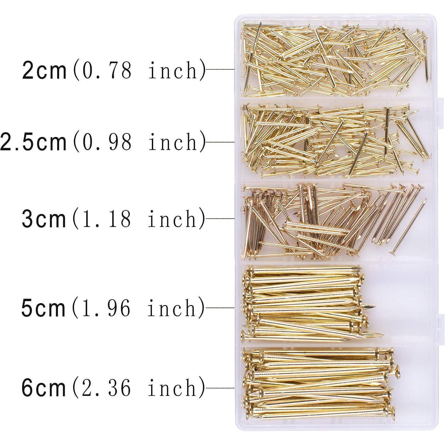 Kunststoff-Organisationsbox mit goldfarbenen geraden Stecknadelzungen arrangiert in fünf beschrifteten Fächern nach Länge: 2 cm, 2,5 cm, 3 cm, 5 cm und 6 cm.