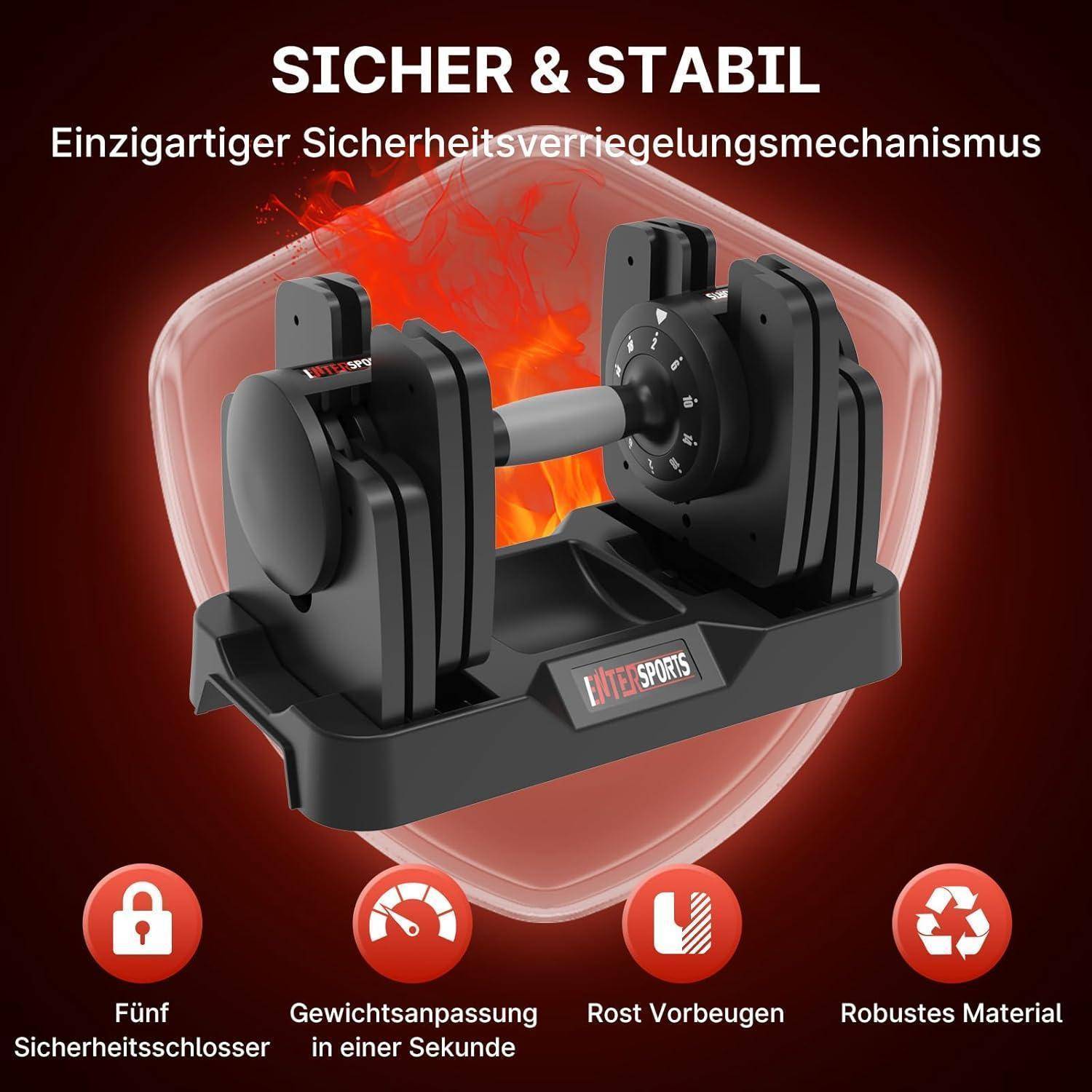 Promotional-Grafik eines Hantelständers mit Schild und Flammen, mit der Aufschrift „Sicher & stabil