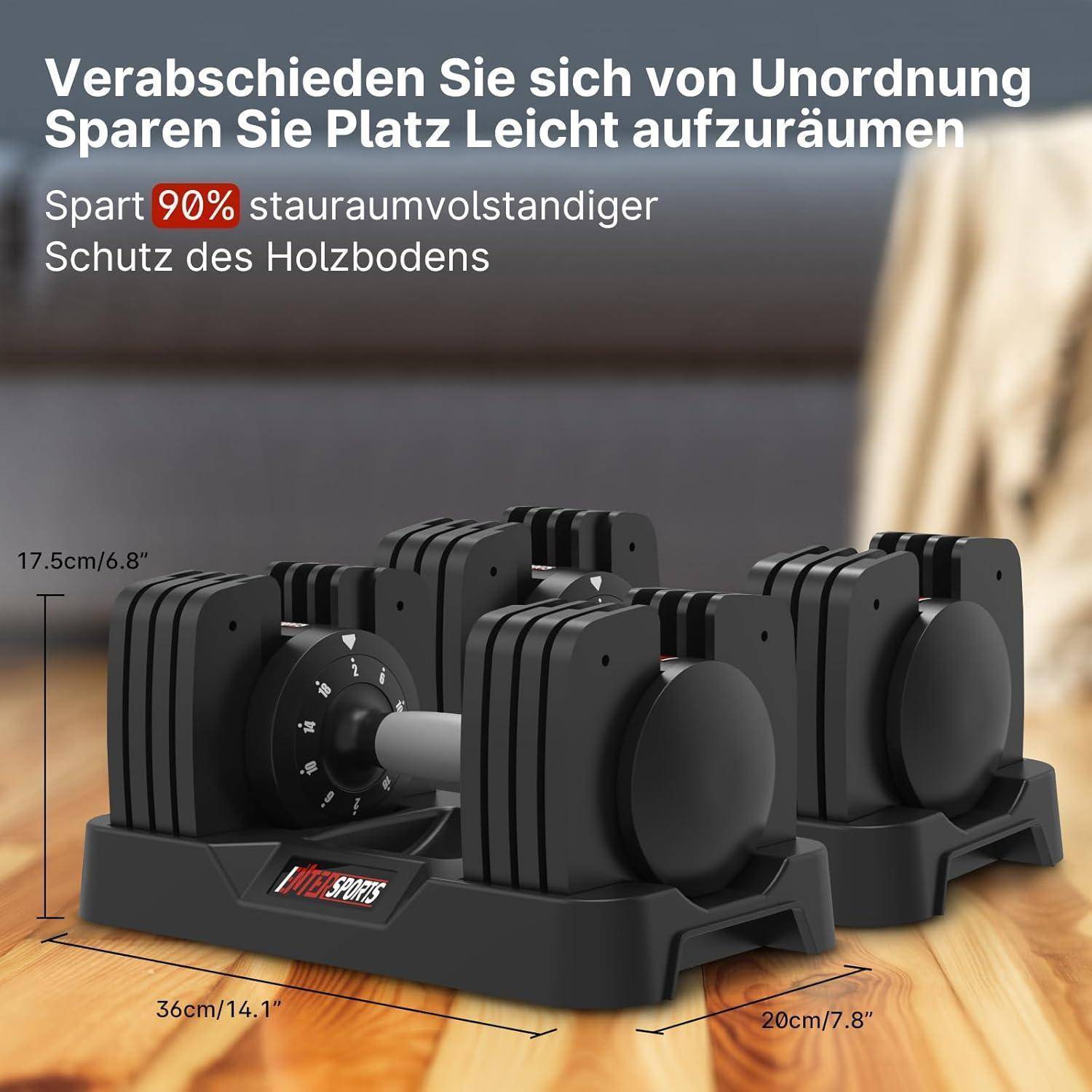 Drei verstellbare Hantelsets auf einem Bodenständer, die kompakte Lagerung und eine 90%-Platzersparnis zeigen.