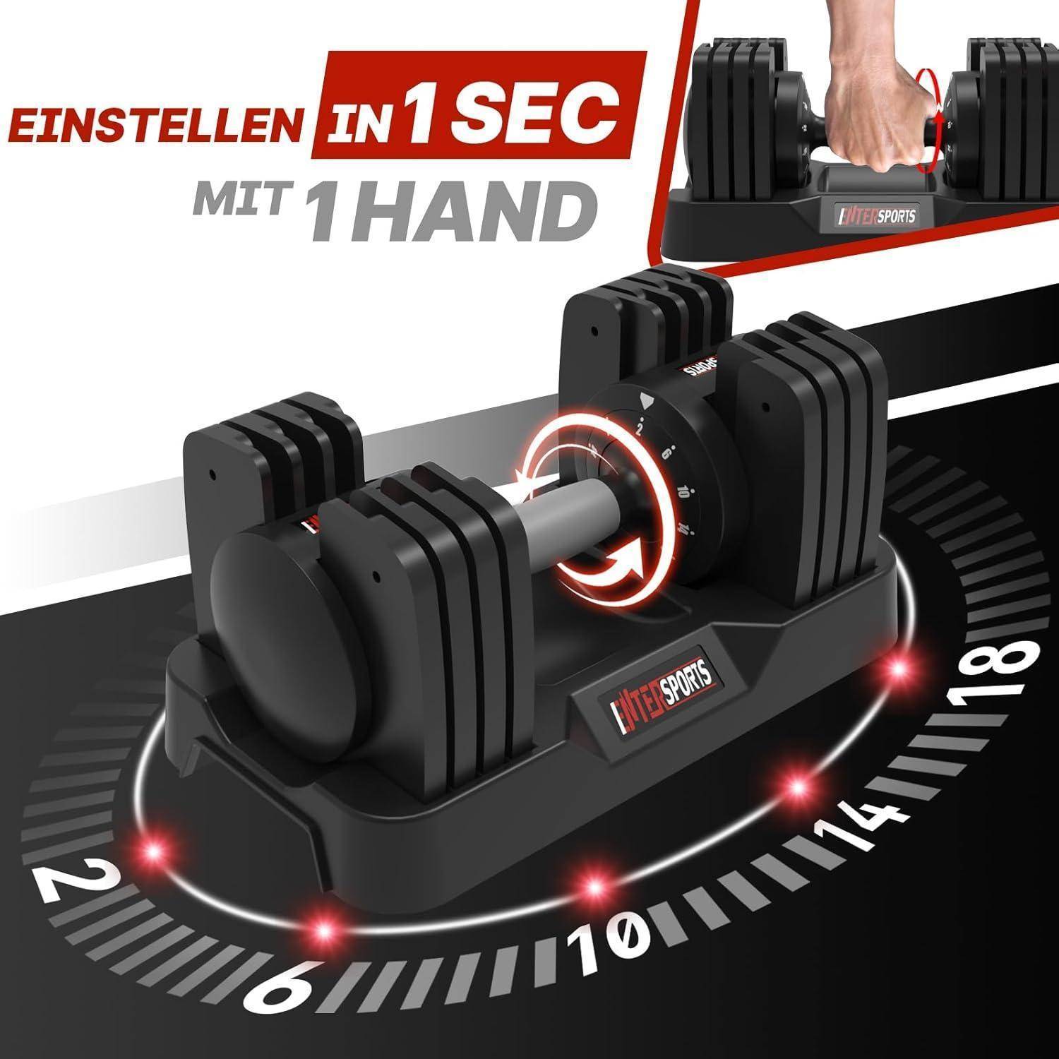 Verstellbares Kurzhantel-System mit 'EINSTELLEN IN 1 SEC' und 'MIT 1 HAND'; Hand verstellt das Gewicht am Drehregler mit Markierungen von 2-18.
