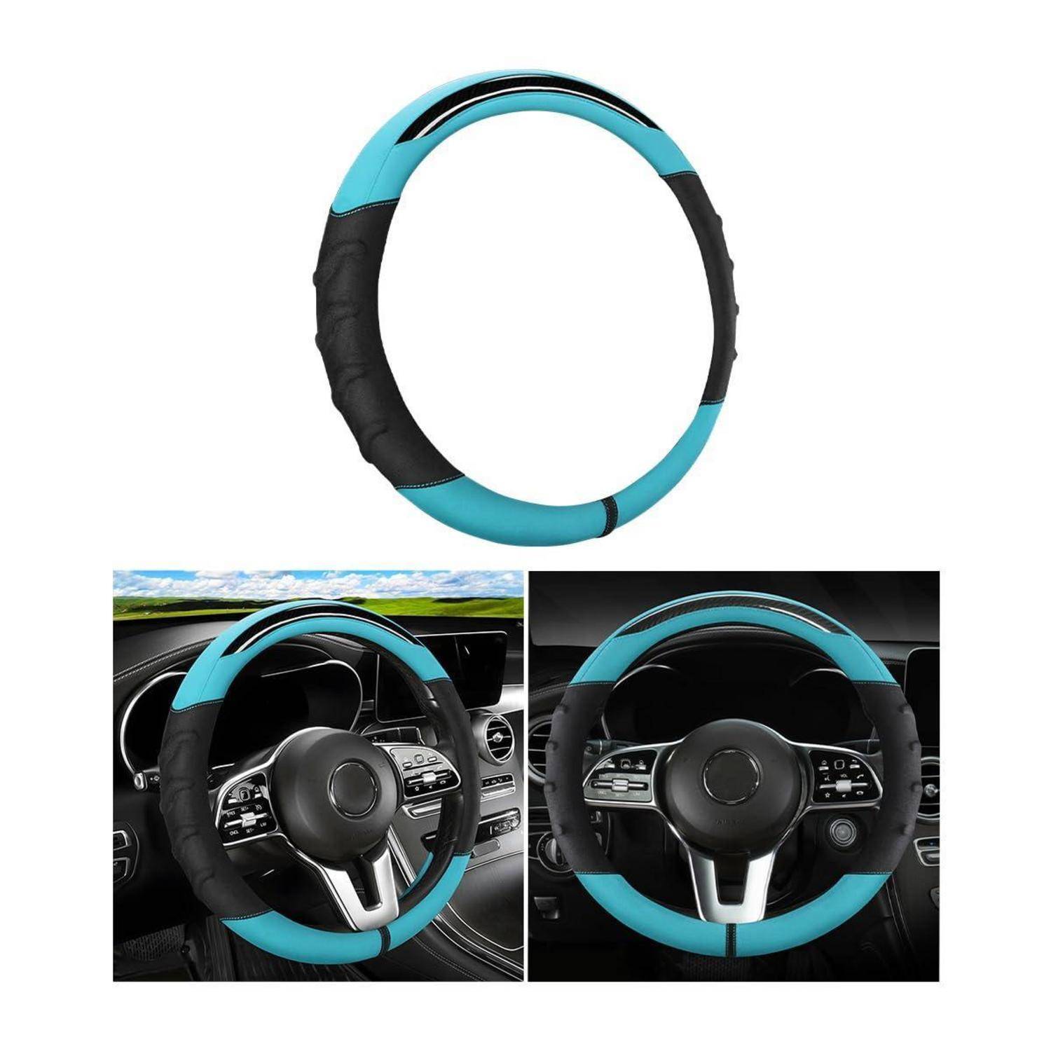 Blau-schwarze Lenkradabdeckung, allein gezeigt und auf einem Auto-Lenkrad installiert, wobei ein sportliches Griffzubehör hervorgehoben wird.