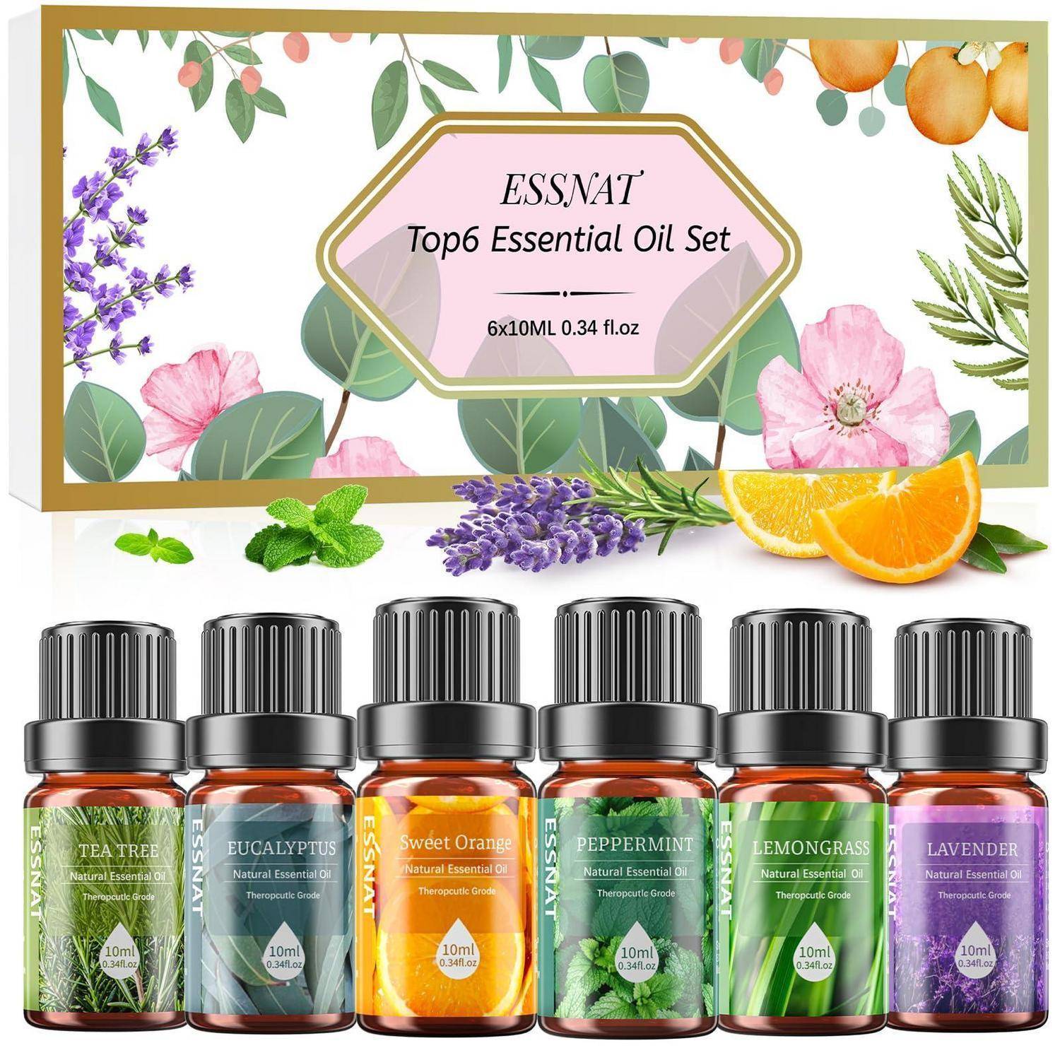 ESSNAT Top6 Ätherische Öl-Set mit sechs 10-ml-Flaschen: Teebaum, Eukalyptus, Süßorange, Pfefferminze, Zitronengras und Lavendel.