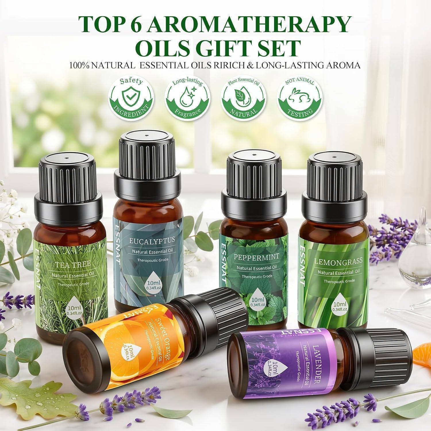 Werbeabbildung eines 6er-Sets mit Aromatherapie-Ätherischen Ölen als Geschenkset, gekennzeichnet mit Teebaum, Eukalyptus, Pfefferminz, Zitronengras, Orange und Lavendel, mit dem Text „Top 6 Aromatherapie-Öle Geschenkset