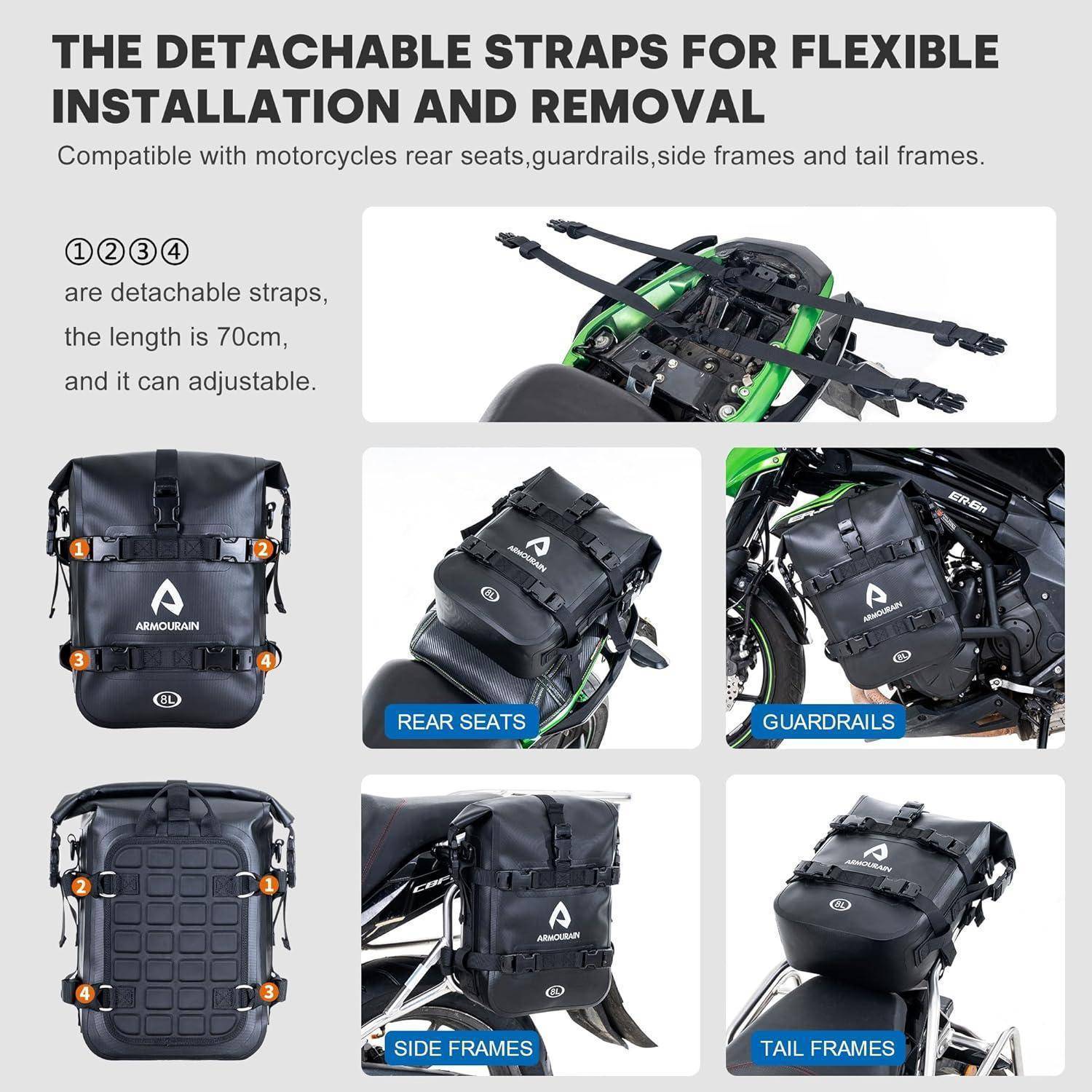 Infografik, die abnehmbare Riemen an einer Motorradtasche für flexible Installation zeigt; kompatibel mit Rücksitzen, Schutzstangen, Seitenrahmen und Heckrahmen, Riemen sind 70 cm lang und verstellbar.