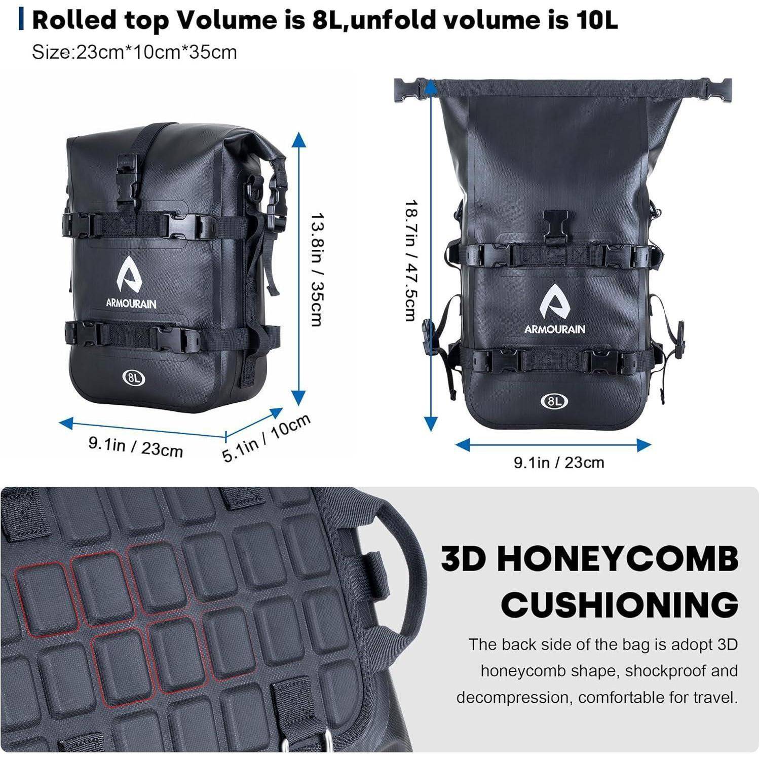 Wasserdichter Rucksack mit Rollverschluss, von vorne und hinten dargestellt, Abmessungen 23x10x35 cm, 8L verschlossen und 10L geöffnet, plus 3D-Wabenkissen-Rückenpanel.