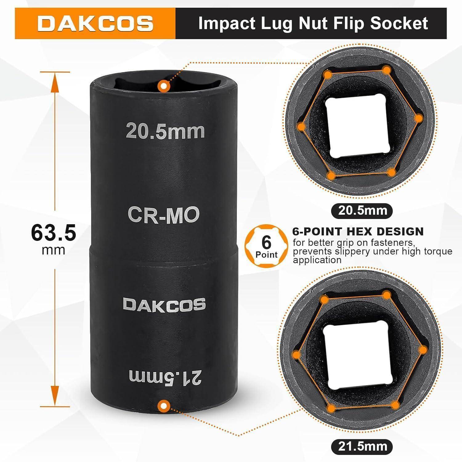 DAKCOS Schlag-Radmutterschlüssel mit Flip-Socket, gezeigt mit 20,5 mm und 21,5 mm Sechskantgrößen, 63,5 mm Länge, CR-MO-Stahl und 6-Punkt-Design für besseren Halt.