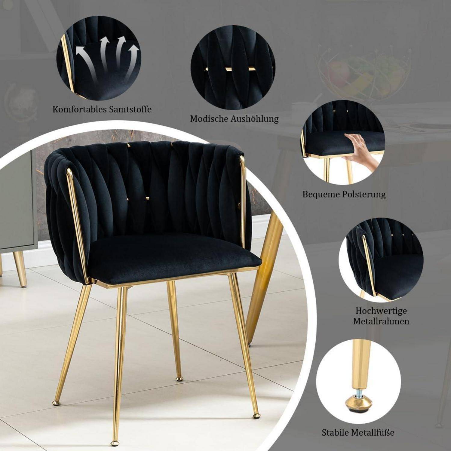 Esszimerstühle Samt 2er Set, Küchenstühle mit Goldenen Beinen und Armlehne, Polsterstuhl, Sessel mit handgewebten, Schminktisch stuhl, für Esszimm