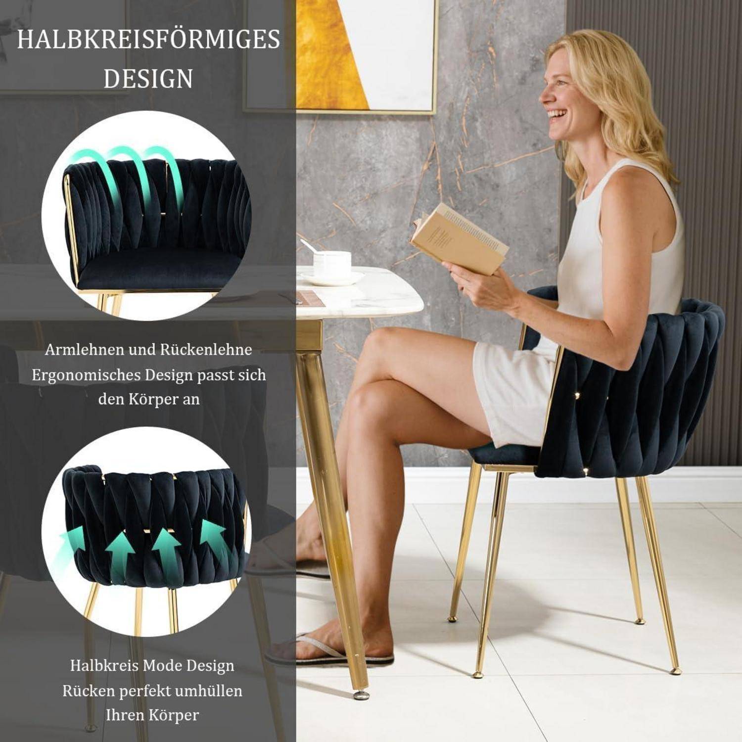 Esszimerstühle Samt 2er Set, Küchenstühle mit Goldenen Beinen und Armlehne, Polsterstuhl, Sessel mit handgewebten, Schminktisch stuhl, für Esszimm