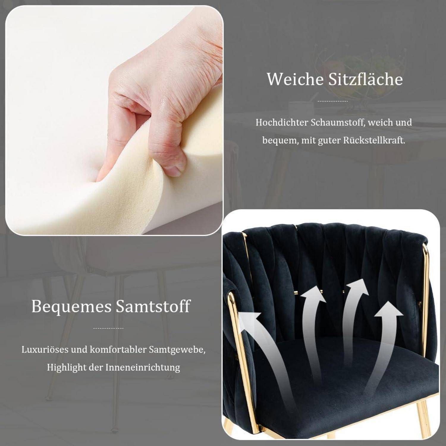 Esszimerstühle Samt 2er Set, Küchenstühle mit Goldenen Beinen und Armlehne, Polsterstuhl, Sessel mit handgewebten, Schminktisch stuhl, für Esszimm