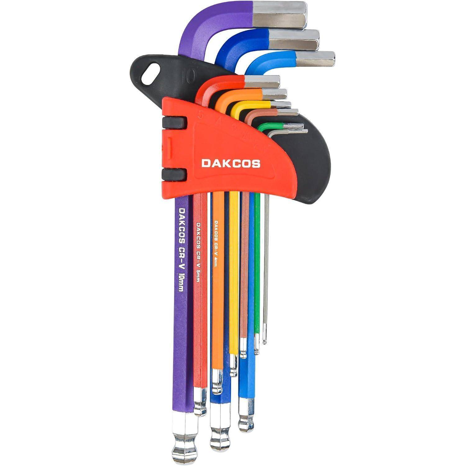 DAKCOS Innensechskantschlüssel Satz 9 tlg mit Kugelkopf Innensechskant Satz Winkelschlüssel Set HX mit CR-V, Metrisch, 1,5 bis 10 mm, in Kunststoffc