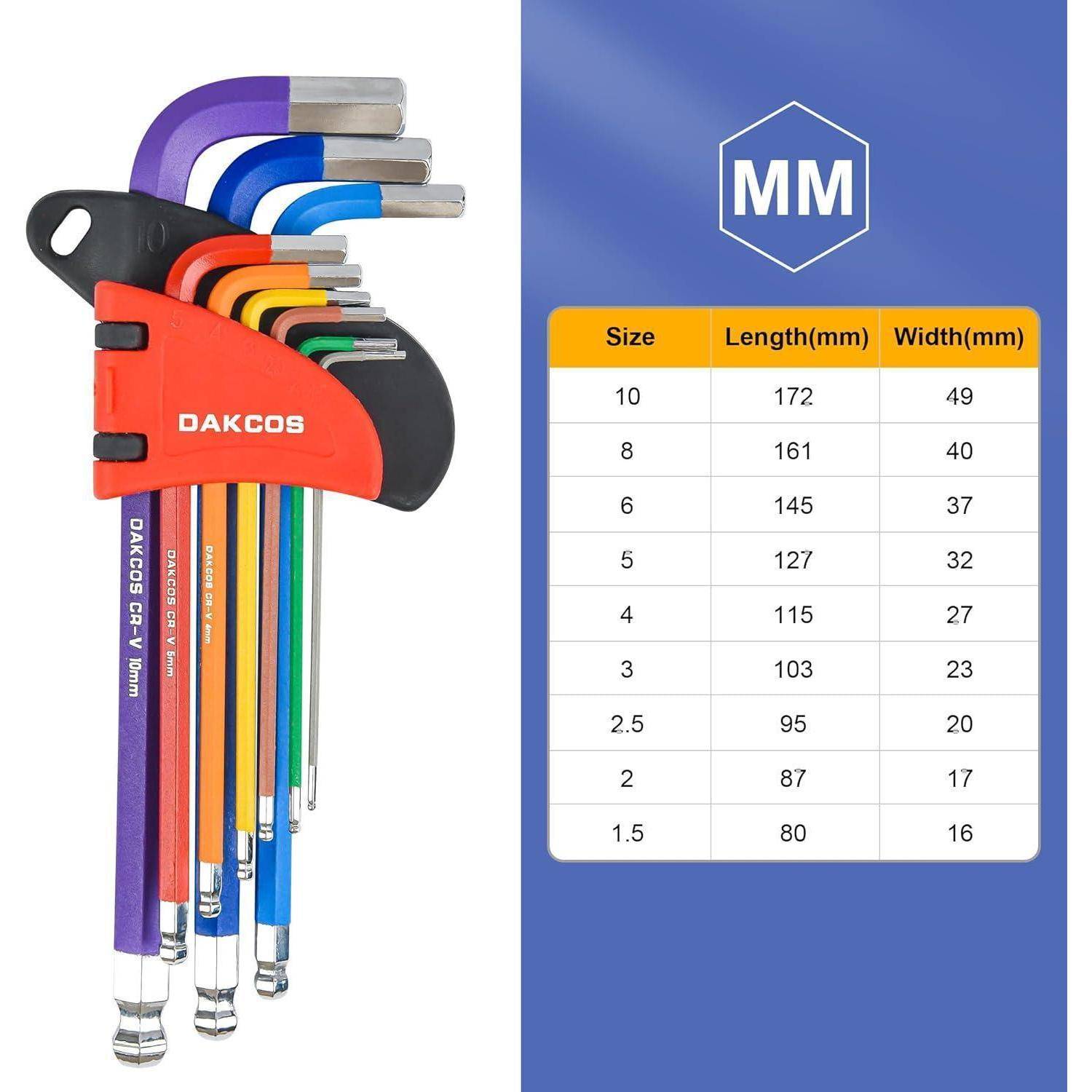 DAKCOS Innensechskantschlüssel Satz 9 tlg mit Kugelkopf Innensechskant Satz Winkelschlüssel Set HX mit CR-V, Metrisch, 1,5 bis 10 mm, in Kunststoffc