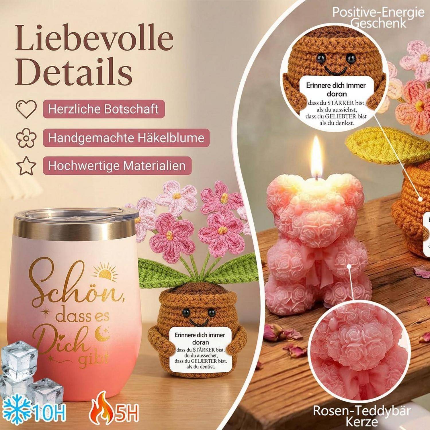 Werbebild eines rosa Trinkbechers und einer rosenförmigen Teddybär-Kerze, das 