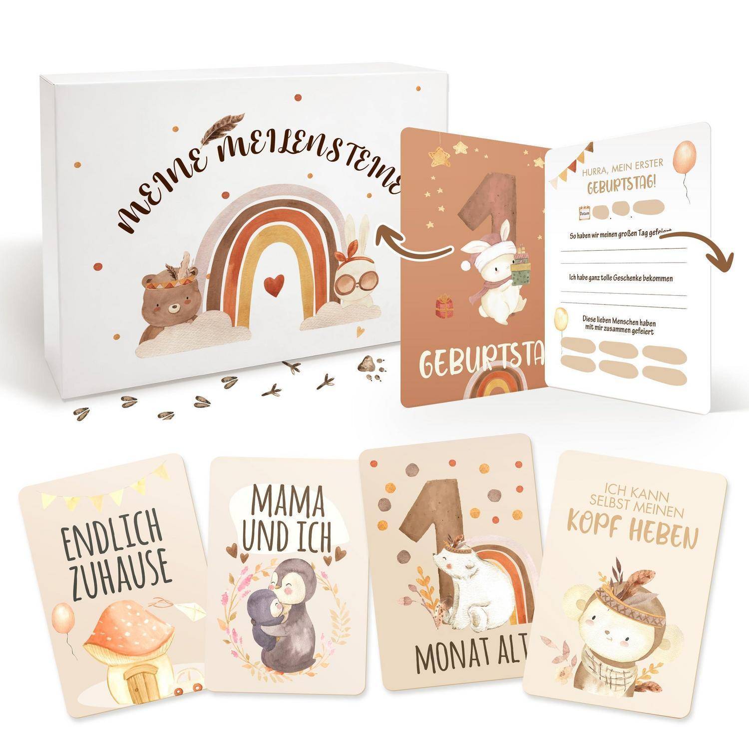 Baby-Meilenstein-Kartensatz in Deutsch mit Regenbogen- und Tierillustrationen, einschließlich Geburtstags- und monatlicher Meilensteinkarten und einer passenden Andenkenbox.