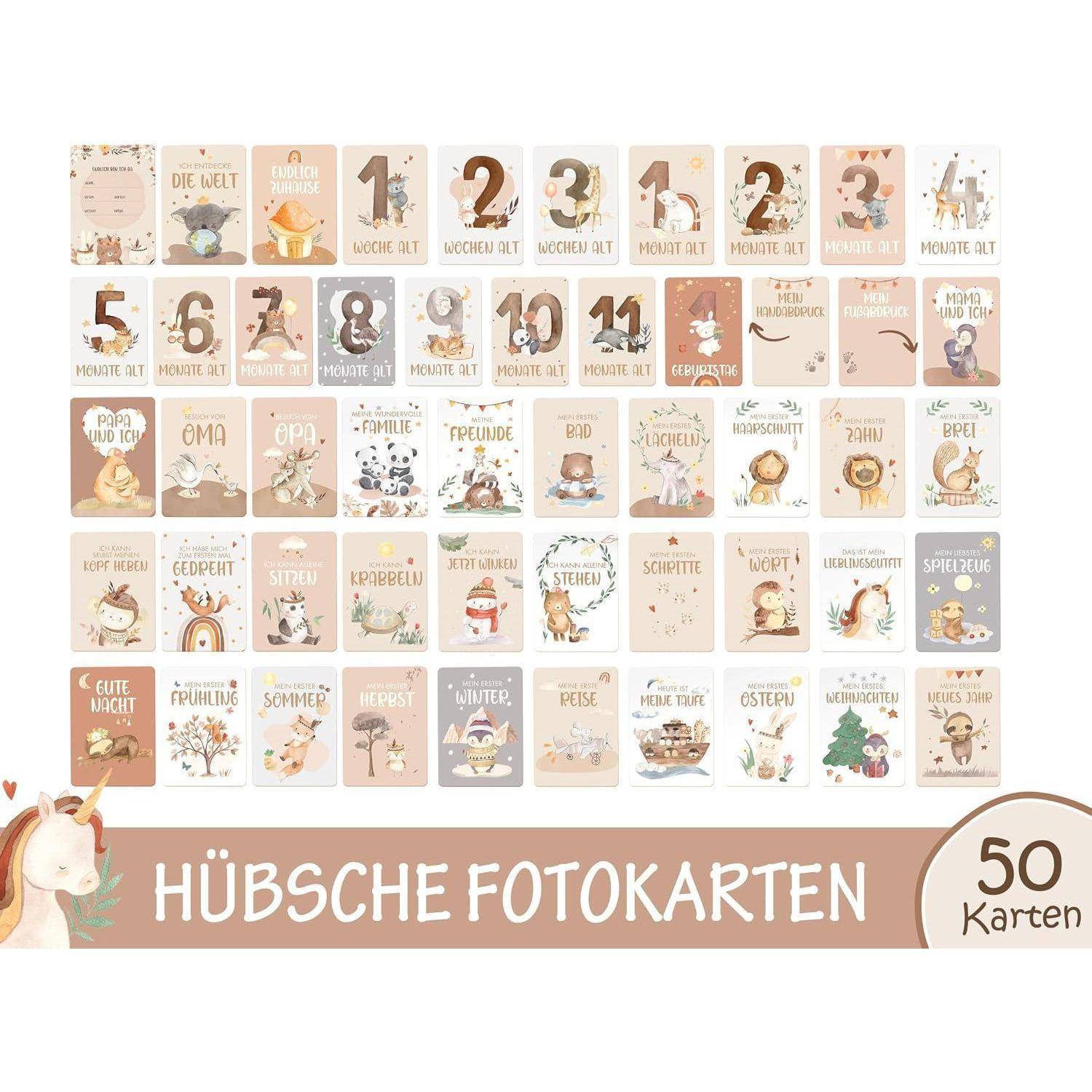 Collage von 50 pastellfarbenen deutschen Meilenstein-Fotokarten für ein Kind, zeigt Alter von 1–12 Monaten und Anlässe wie erstes Weihnachten, Familie und Jahreszeiten, beschriftet mit „HÜBSCHE FOTOKARTEN" und „50 Karten"".