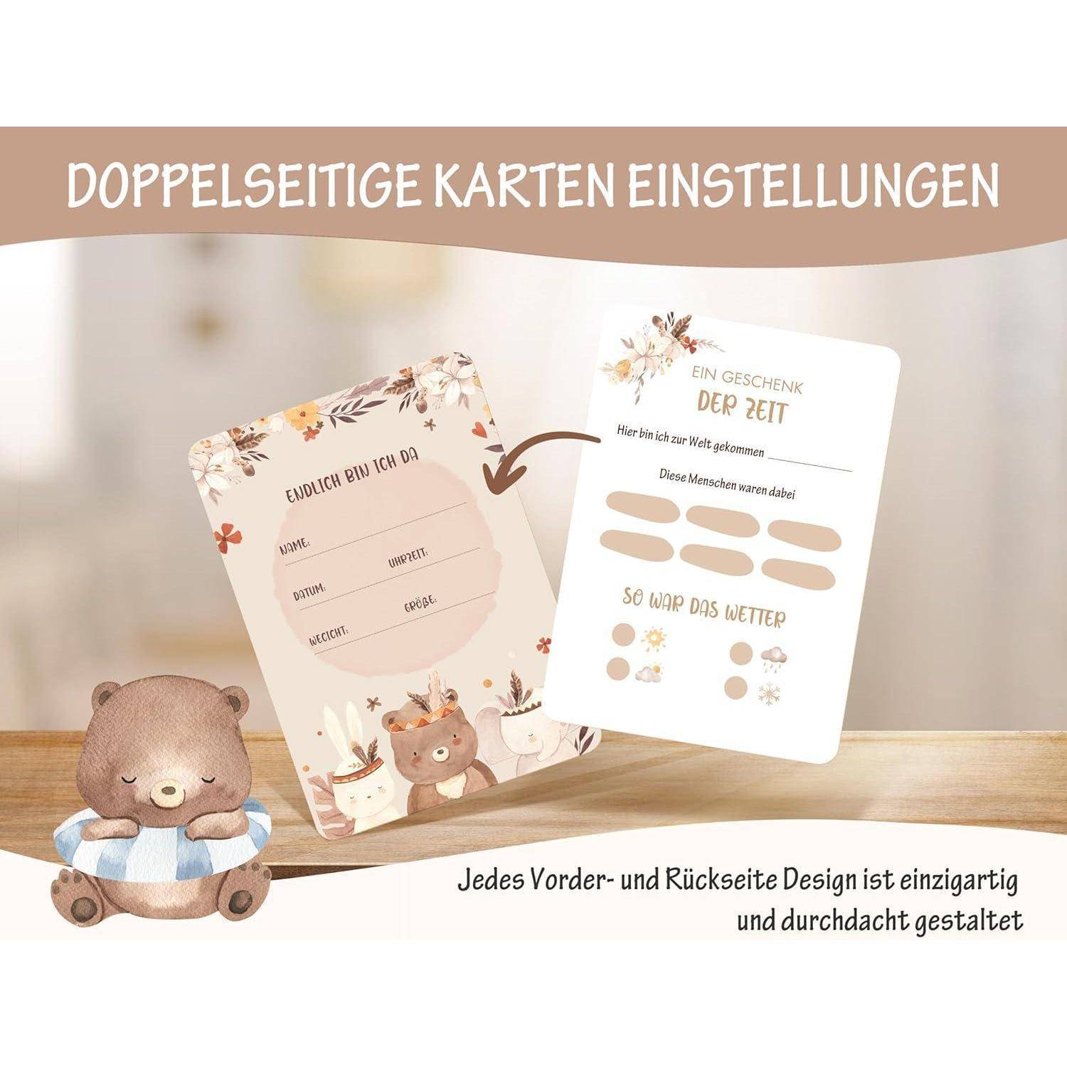 Werbegrafik mit beidseitigen Karteneinstellungen mit zwei Teddybär-Designs und deutschem Text „Jedes Vorder- und Rückseite Design ist einzigartig und durchdacht gestaltet".