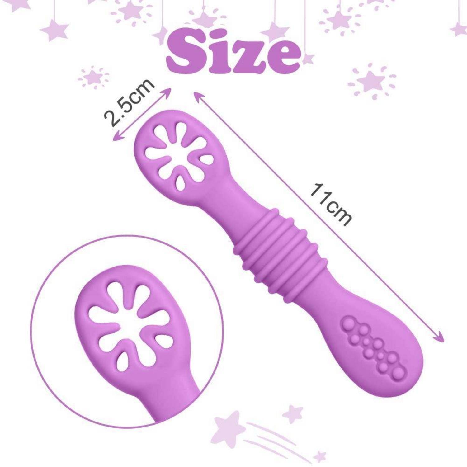 Violettes Silikonspielzeug mit Größenangaben: 11 cm lang und 2,5 cm breit, mit einer Nahaufnahme des strukturierten Kopfes.