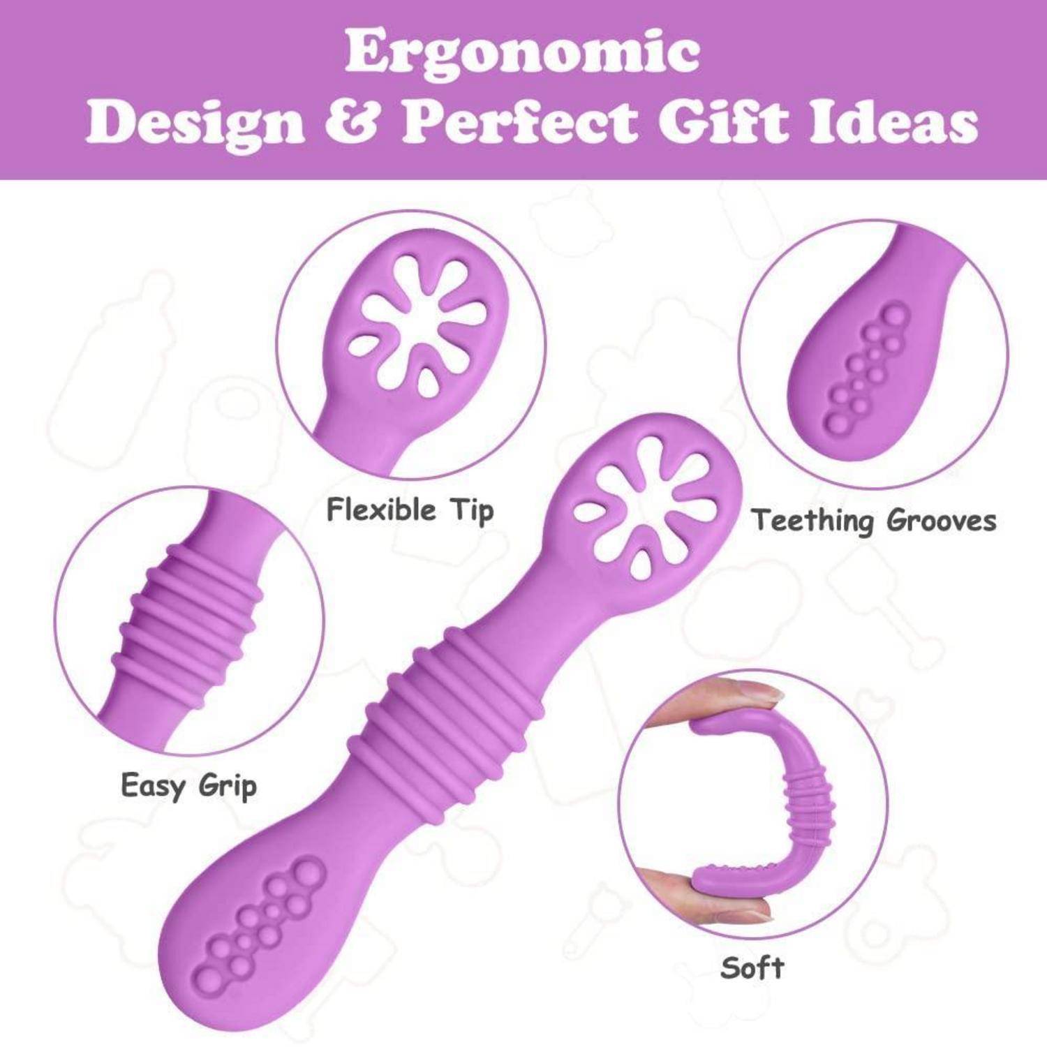 Infografik eines lila baby-Zahnungsspielzeugs mit ergonomischen Merkmalen: flexible Spitze, Zahnungsnuten, einfacher Griff und weiches Material.