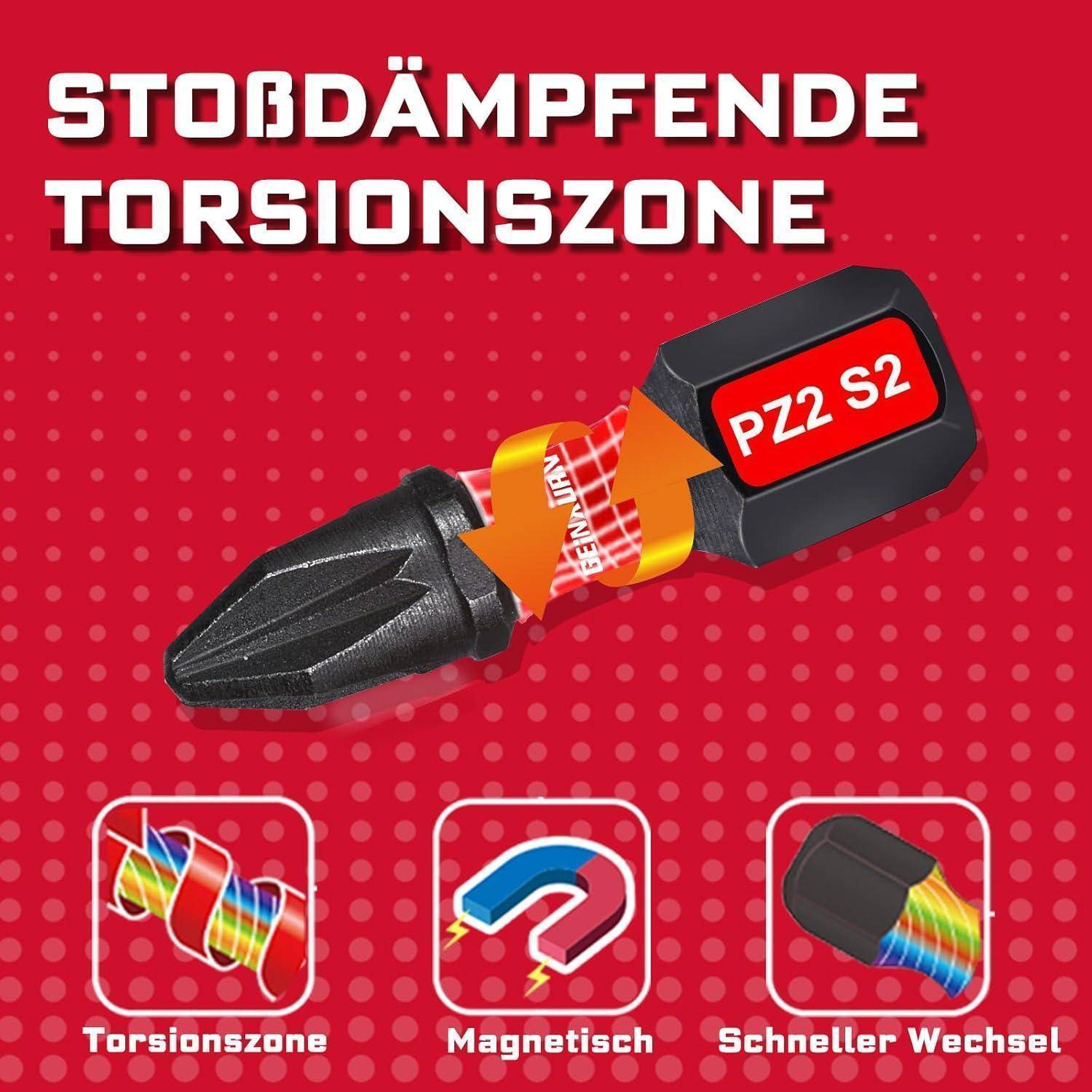 Grafik eines PZ2 S2 Schraubendreher-Bits, das eine „Stodämpfende Torsionszone