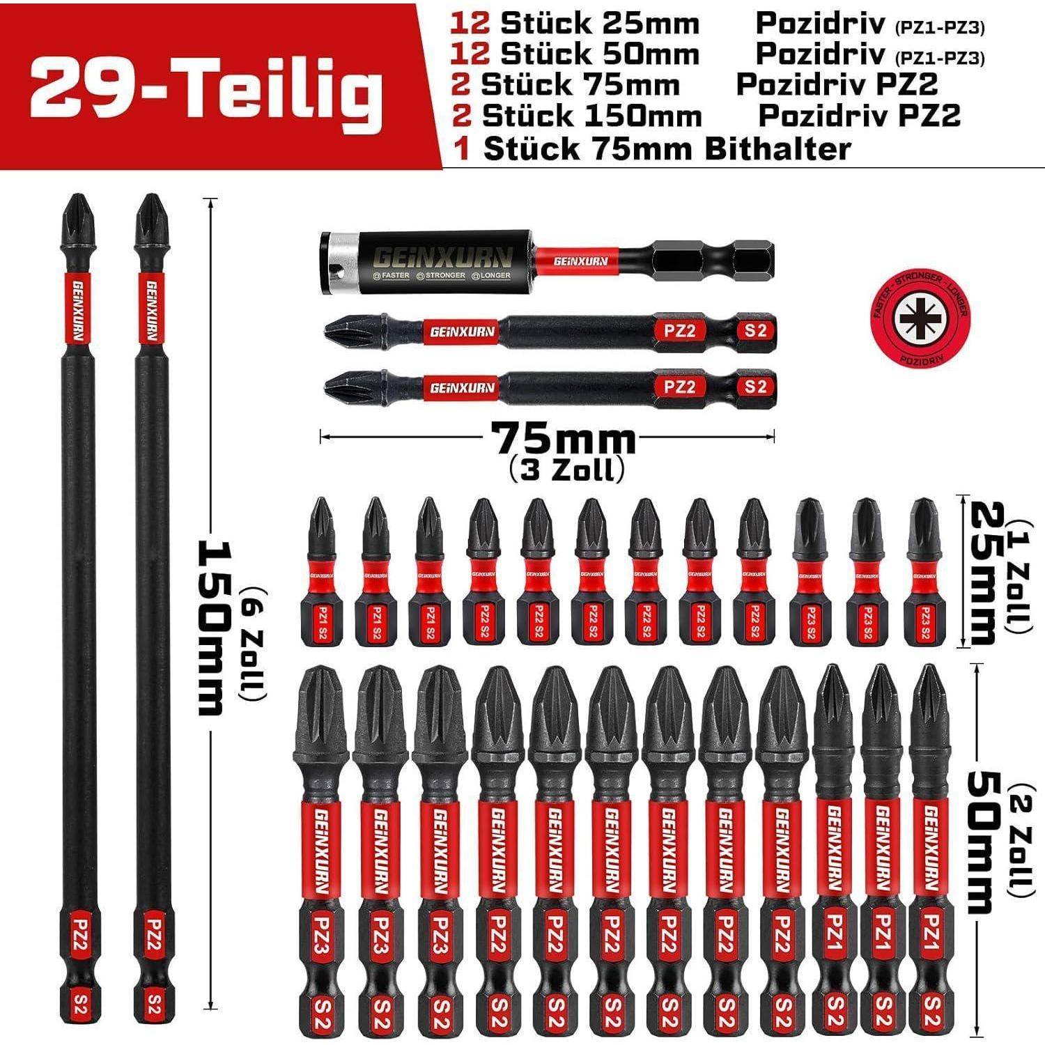 29-teiliger Schraubendreher-Bitset mit aufgelisteten Bittypen und Längen: 12x 25mm, 12x 50mm, 2x 75mm, 2x 150mm und 1 Bithalter.