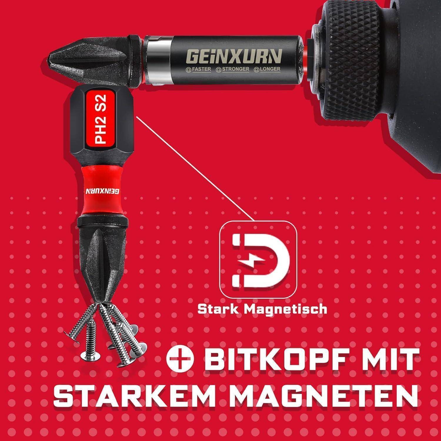 Werbegrafik eines GEINXURN-Schraubendreher-Bithalters und PH2-S2-Bit mit starken Magneten, die mehrere Schrauben halten; deutscher Text lautet „BITKOPF MIT STARKEM MAGNETEN