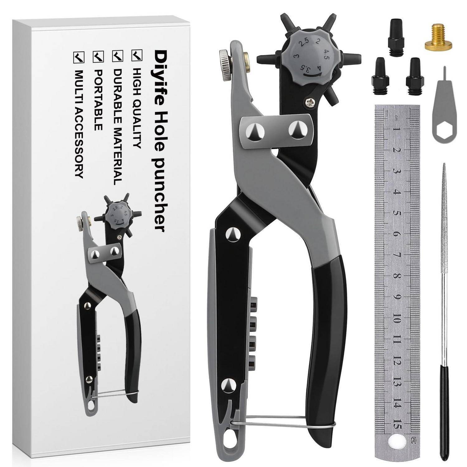 Tragbarer DIY-Locherstellersatz mit Stanzwerkzeug, Lineal, Schraubendreher, Bohrspitzen und Zubehör, dargestellt neben der Produktverpackung.