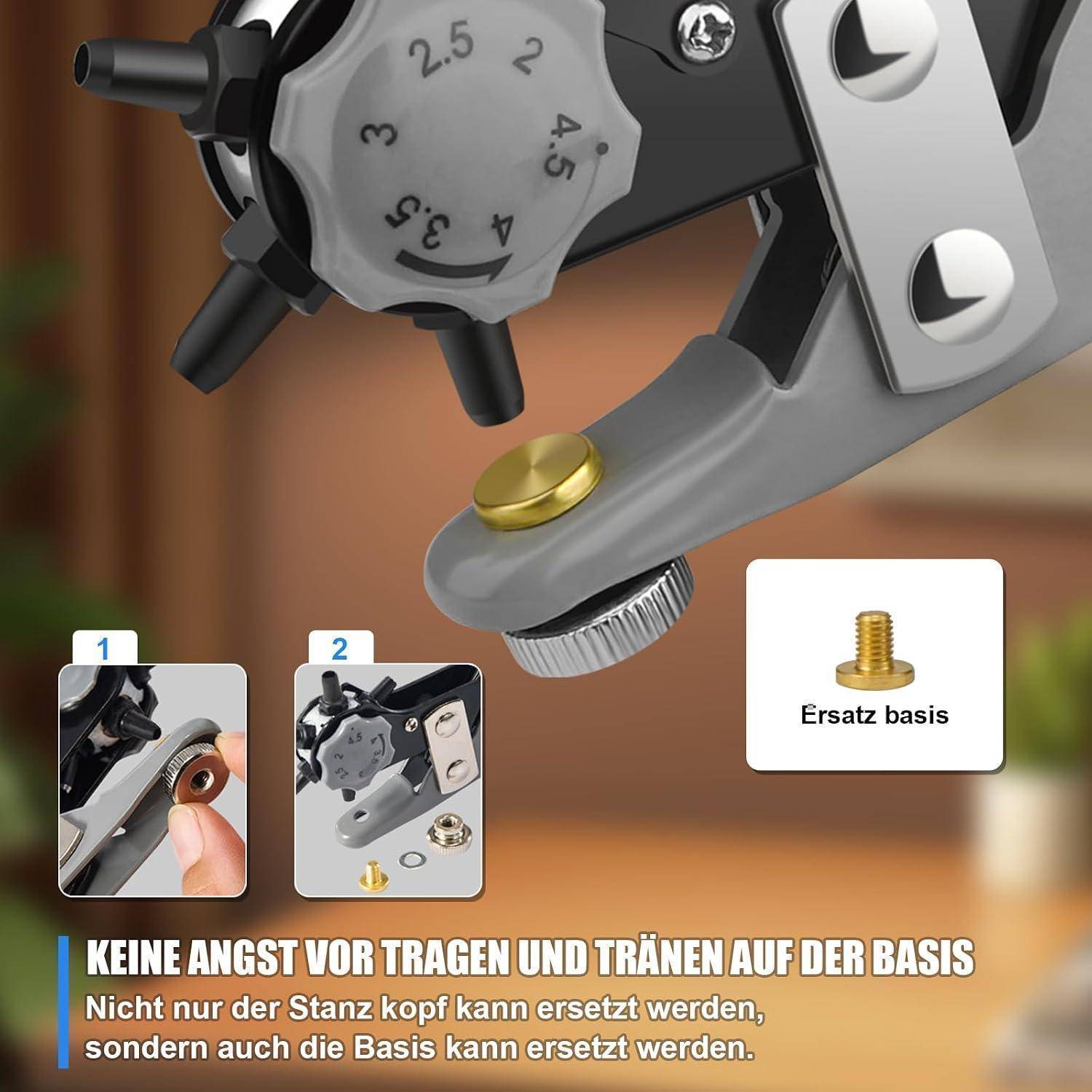 Abbildung eines Uhrenarmbandglieds mit Austausch unter Verwendung eines speziellen Werkzeugs; der deutsche Text besagt, dass die Basis auch ersetzt werden kann und zeigt ein Ersatzbasis-Teil.
