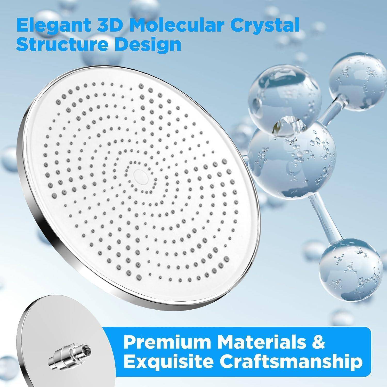 Werbebild eines runden Duschkopfes aus Metall mit einem kristallartigen molekularen Wassertropfen-Design und Text mit der Aufschrift „Elegantes 3D-Molekül-Kristallstruktur-Design