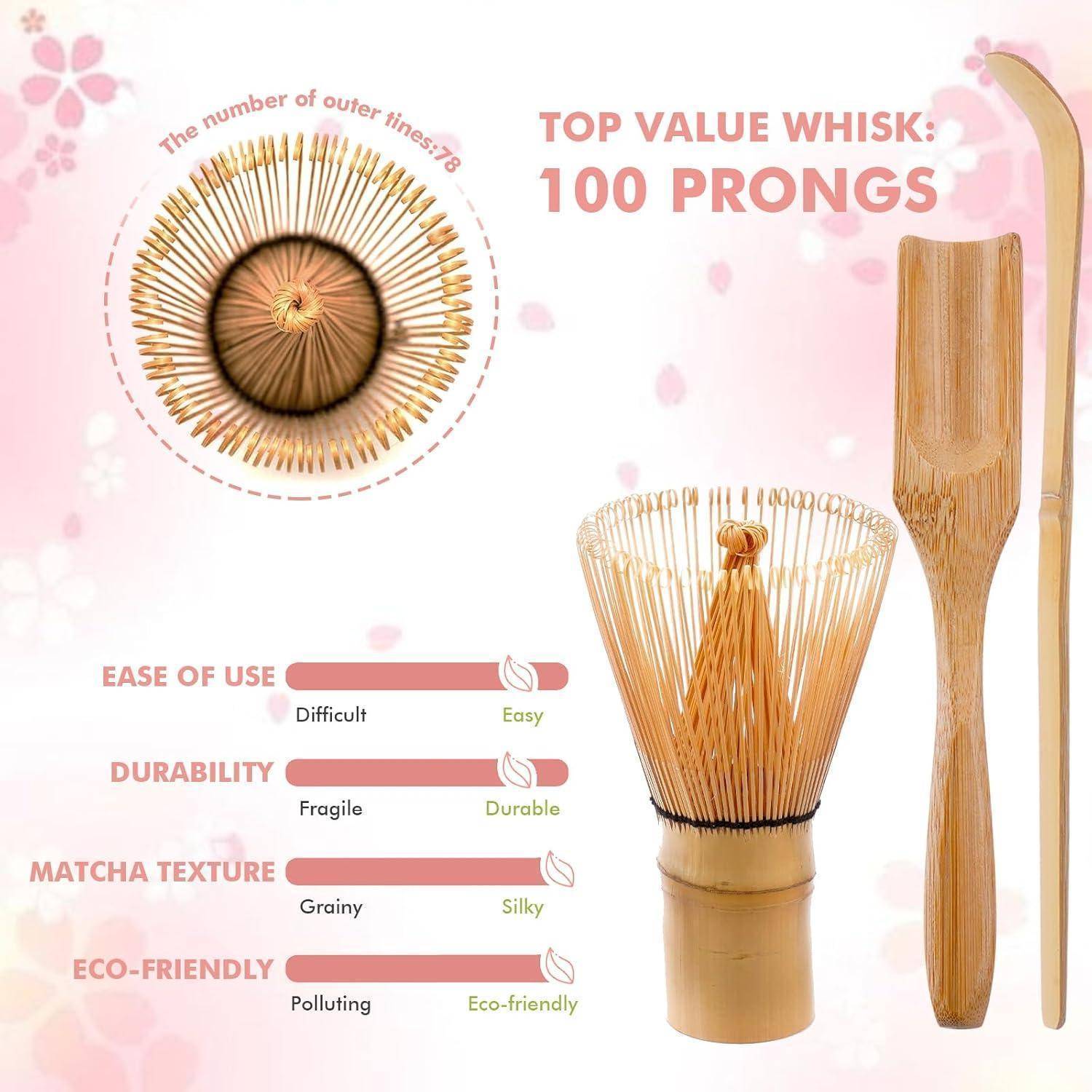 Matcha Set, 7-Teiliges Natürliches Set mit Bambus-Teebesen (Chasen), Keramikschale, Keramikständer für Schneebesen, Handgefertigter Traditioneller