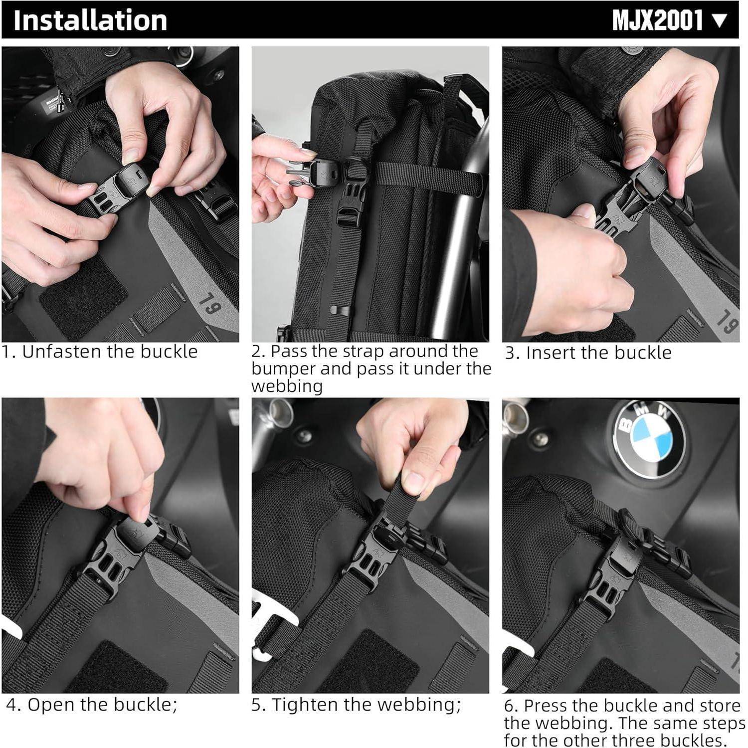 Installationsleitfaden für MJX2001-Riemen an einer Tasche: Schnalle öffnen, um die Stoßstange wickeln, Schnalle einführen und sichern, dann das Gewebe straffen.