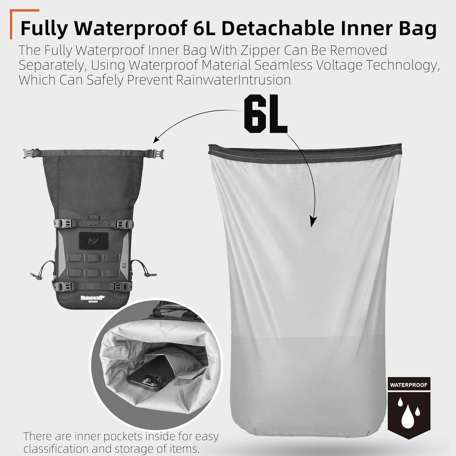 Infografik zeigt eine vollständig wasserdichte 6-Liter-Innentasche mit abnehmbarem Design für einen Rucksack, mit Reißverschlussschluss, abnehmbarem Futter und inneren Taschen zur Aufbewahrung.