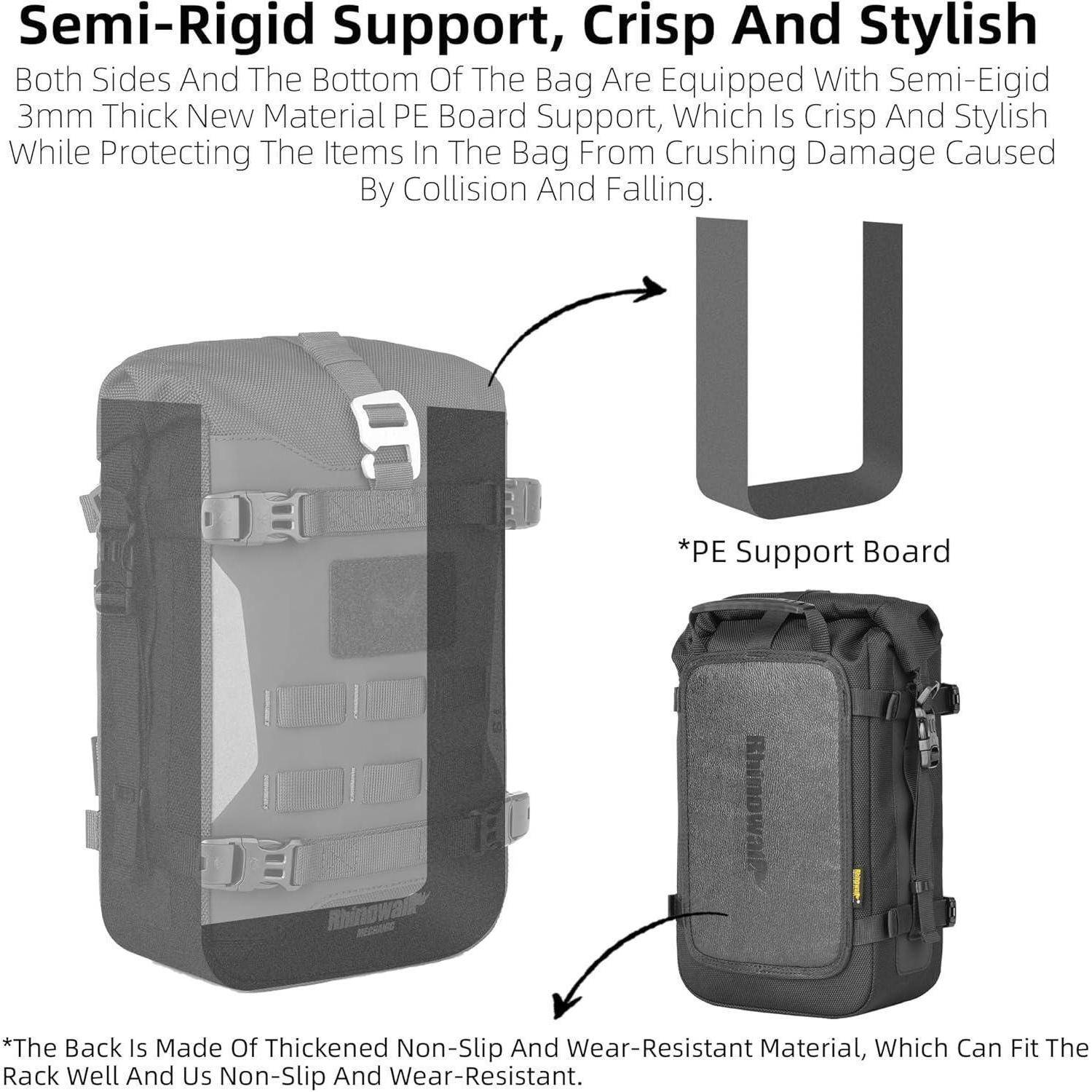 Infografik eines Rucksacks mit halbstarren Stützplatten auf beiden Seiten und am Boden, die eine PE-Stützplatte zeigt und Quetschschutz und Langlebigkeit hervorhebt.