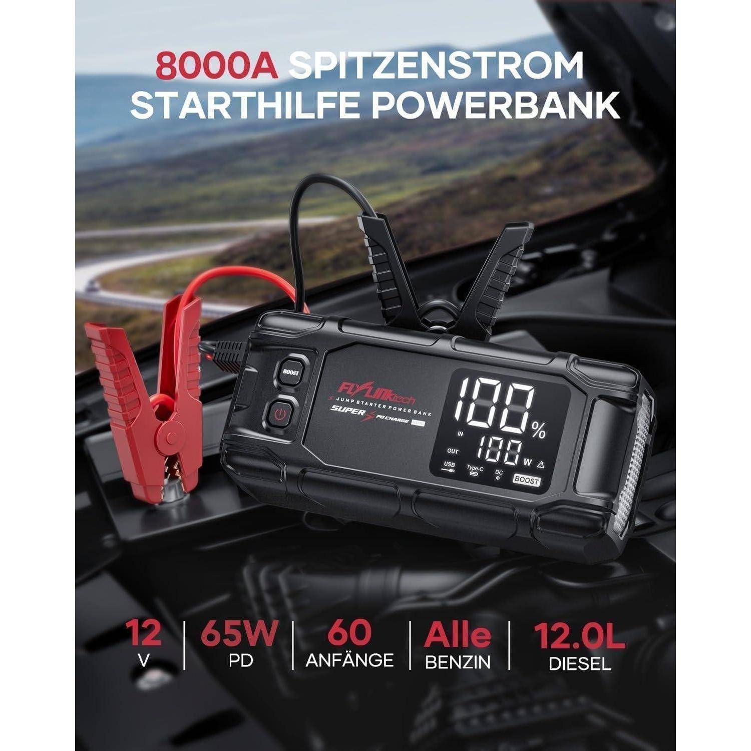 Tragbarer Autobatterie-Starthilfe-Powerbank mit der Bezeichnung „8000A Spitzenstrom Starthilfe Powerbank