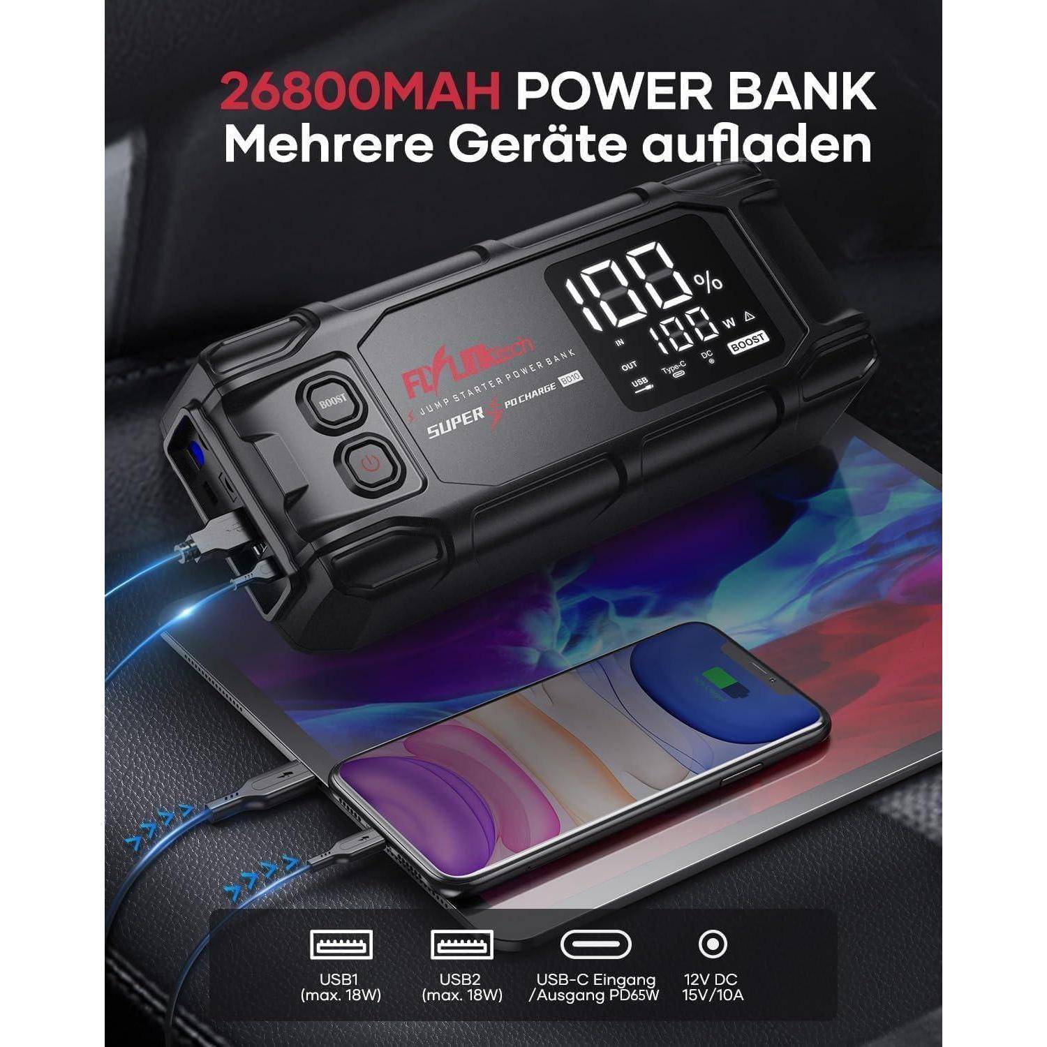 262800mAh Powerbank mit digitaler Batterienanzeige und mehreren Anschlüssen, abgebildet beim Laden eines Telefons und Laptops; deutscher Text lautet „Mehrere Geräte aufladen