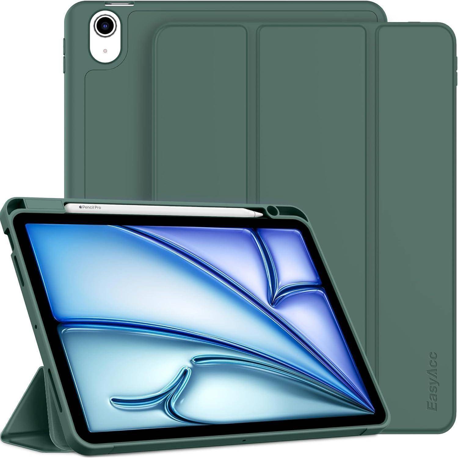 Grüne Folio-Tablet-Schutzhülle mit Dreibein-Ständer, geöffnet dargestellt zur Unterstützung eines iPads, mit geschlossener Rückansicht dahinter.