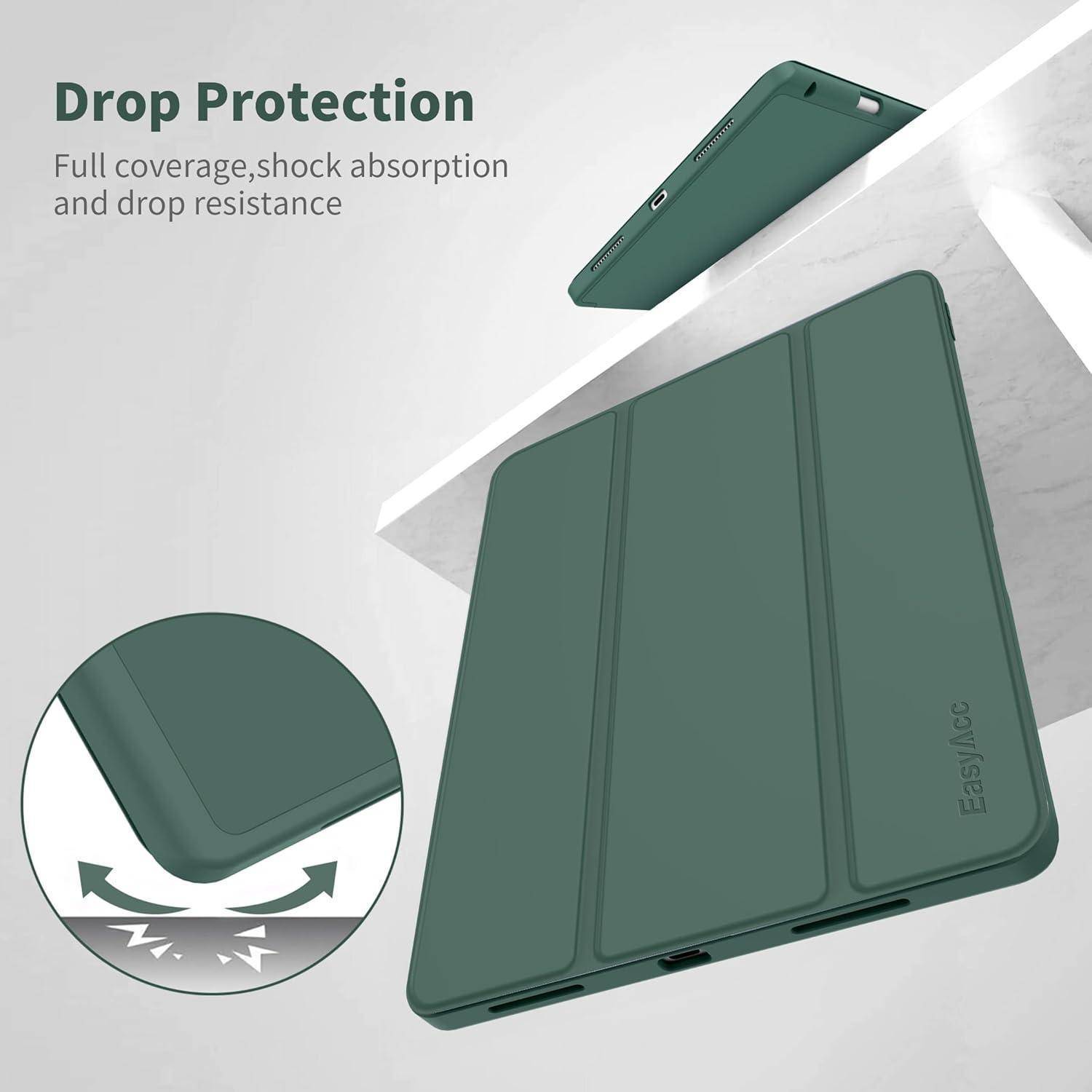 Grüne Tablet-Schutzhülle mit der Aufschrift "Drop Protection"" (Schutz vor Stürzen), die vollständige Abdeckung, Stoßdämpfung und Widerstandsfähigkeit gegen Stürze hervorhebt.