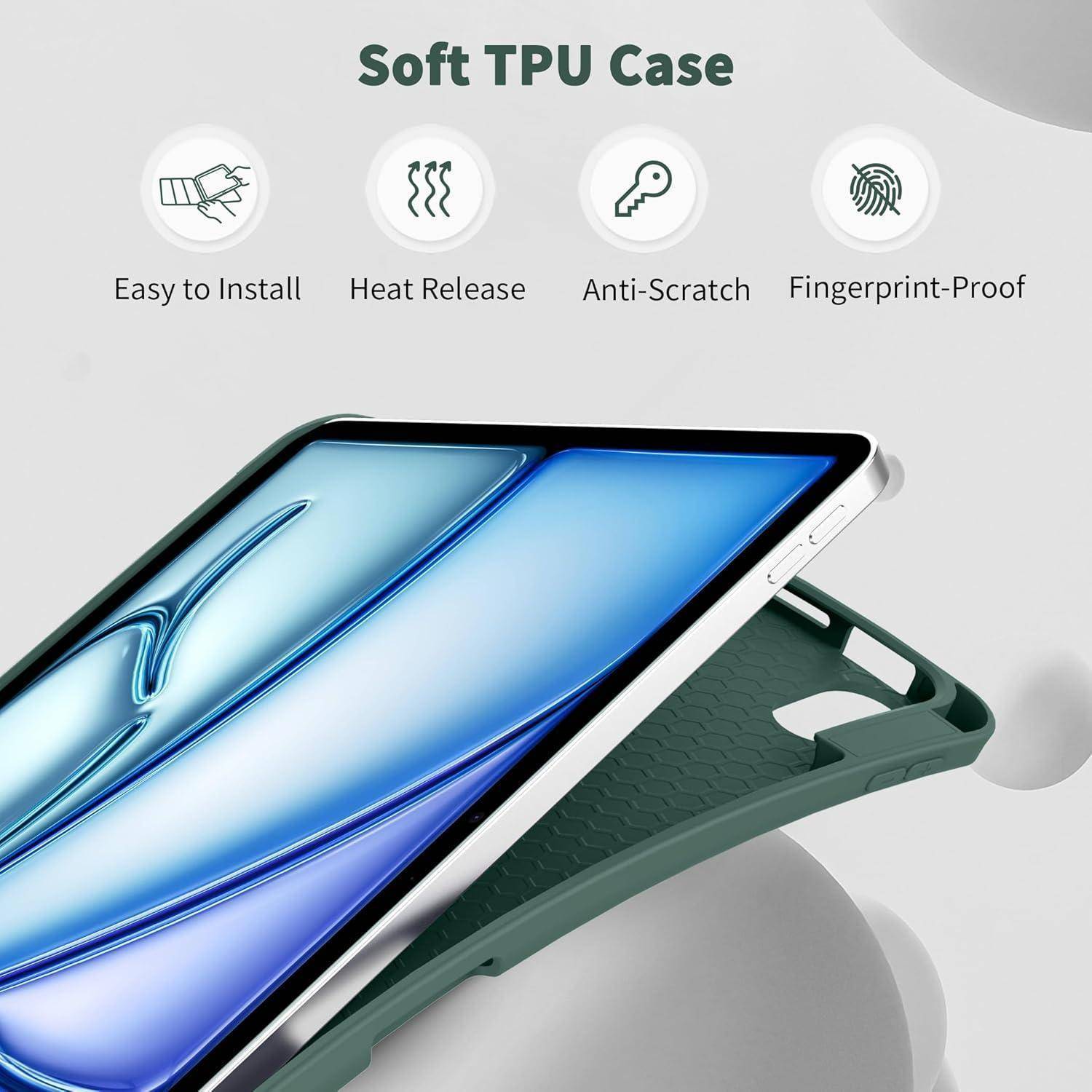 Werbebild einer weichen TPU-Tablet-Hülle mit Symbolen, die einfache Installation, Wärmeableitung, Kratzerresistenz und Fingerabdruckfreiheit hervorheben.