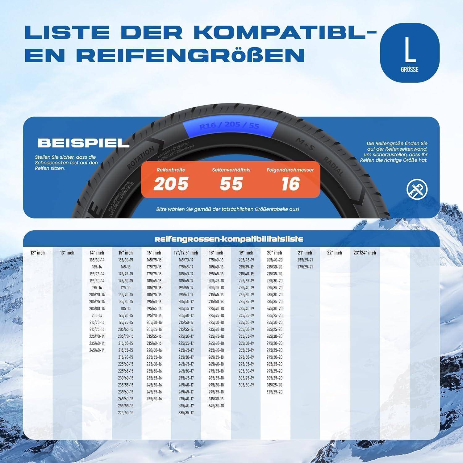Winterreifen Schneeketten L - EN 16662-1- Hochsichere, leicht installierbare Textil Schneeketten für Autos - rutschfeste, strapazierfähige Ketten