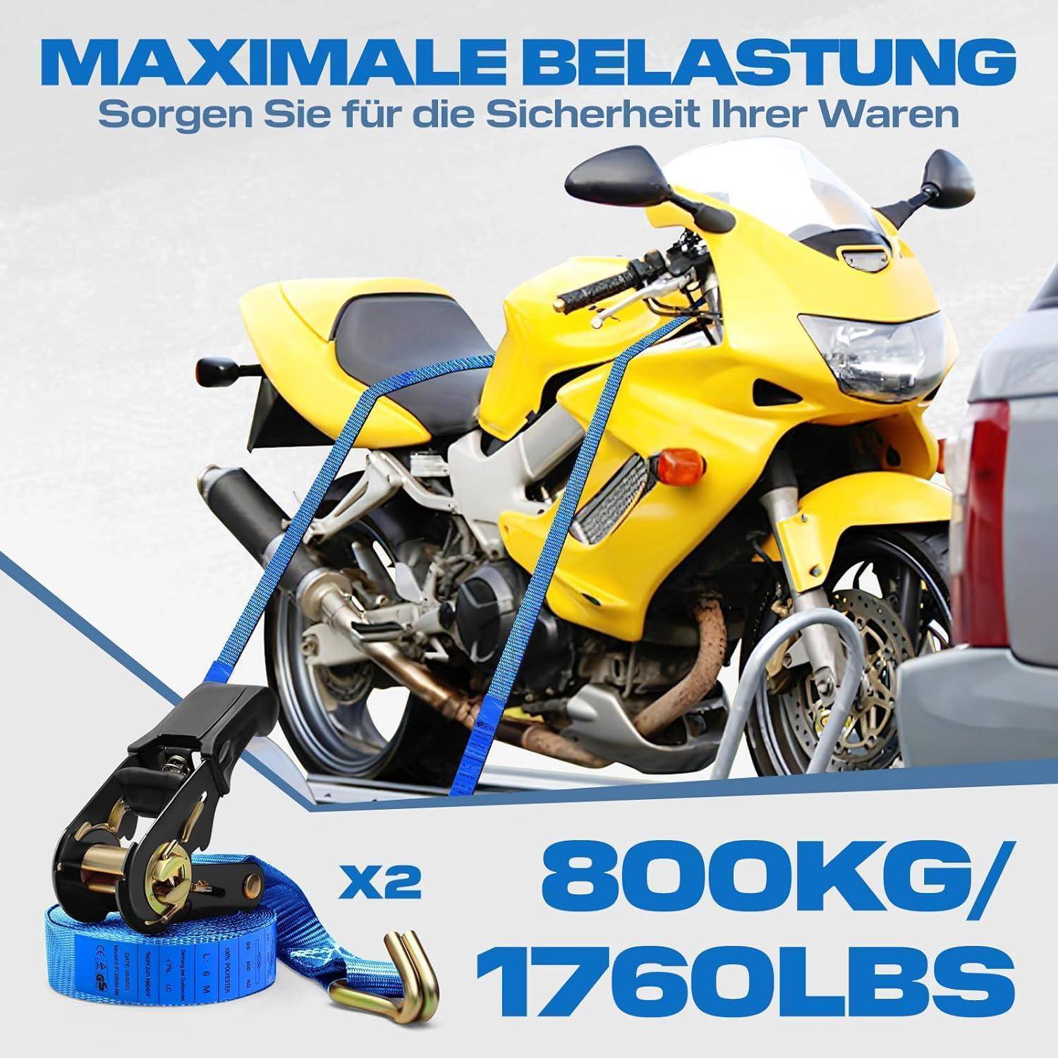 Anzeige zeigt ein gelbes Sportmotorrad mit blauen Spanngurten gesichert, mit dem Text „MAXIMALE BELASTUNG