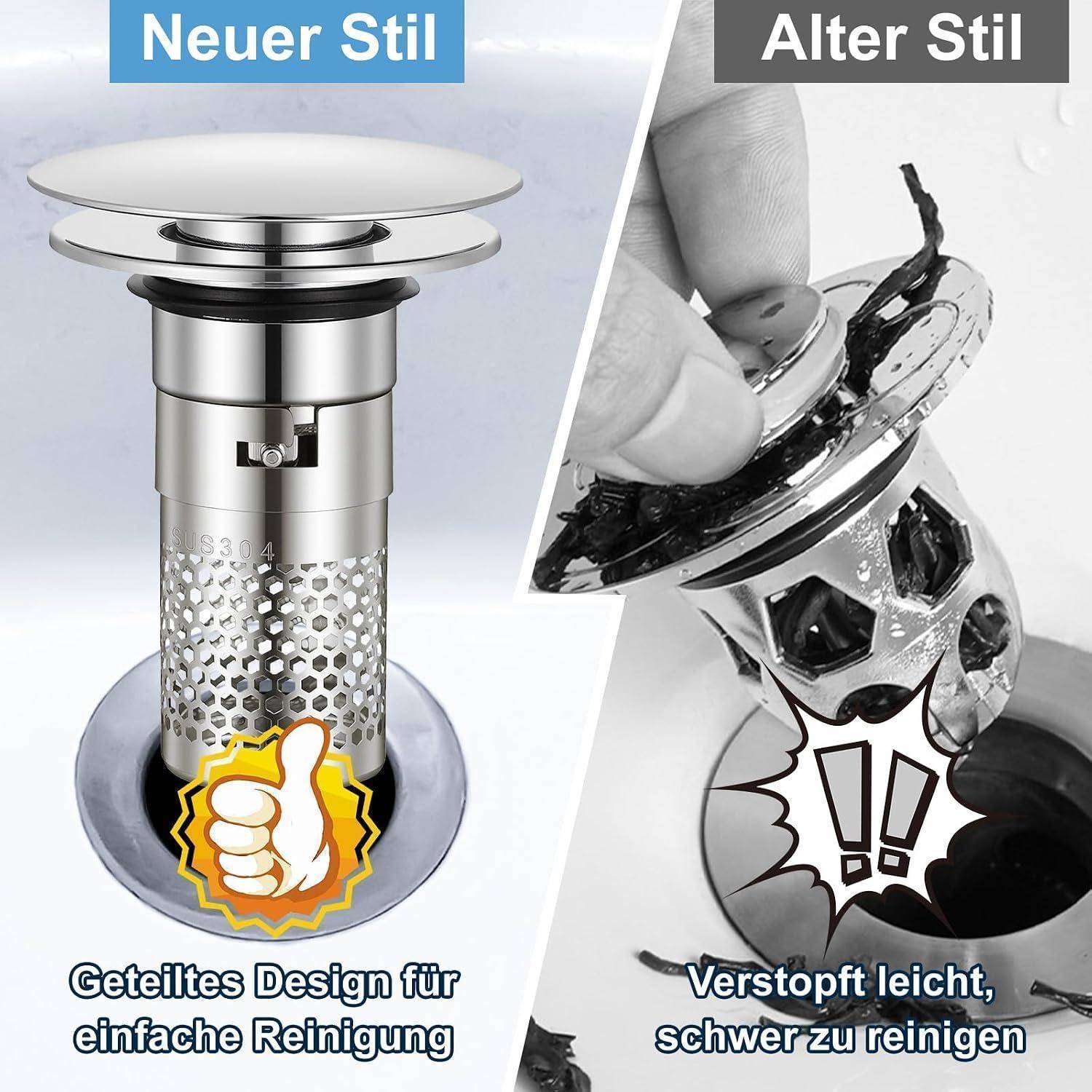 Spülbecken mit geteiltem Design im Vergleich zur alten Version: Die neue Version wird als leicht zu reinigen dargestellt, die alte Version ist verstopft und schwer zu reinigen.