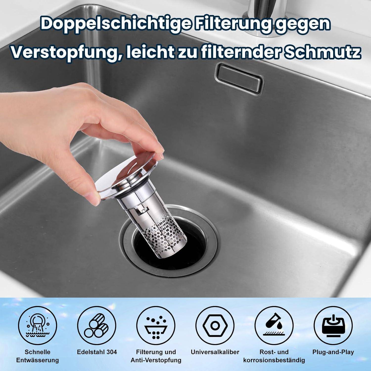 Hand platziert ein Edelstahl-Spülbeckensieb in ein Küchenbecken; deutscher Text bewirbt doppelschichtige Verstopfungsprävention-Filtration und sechs Merkmale unten.