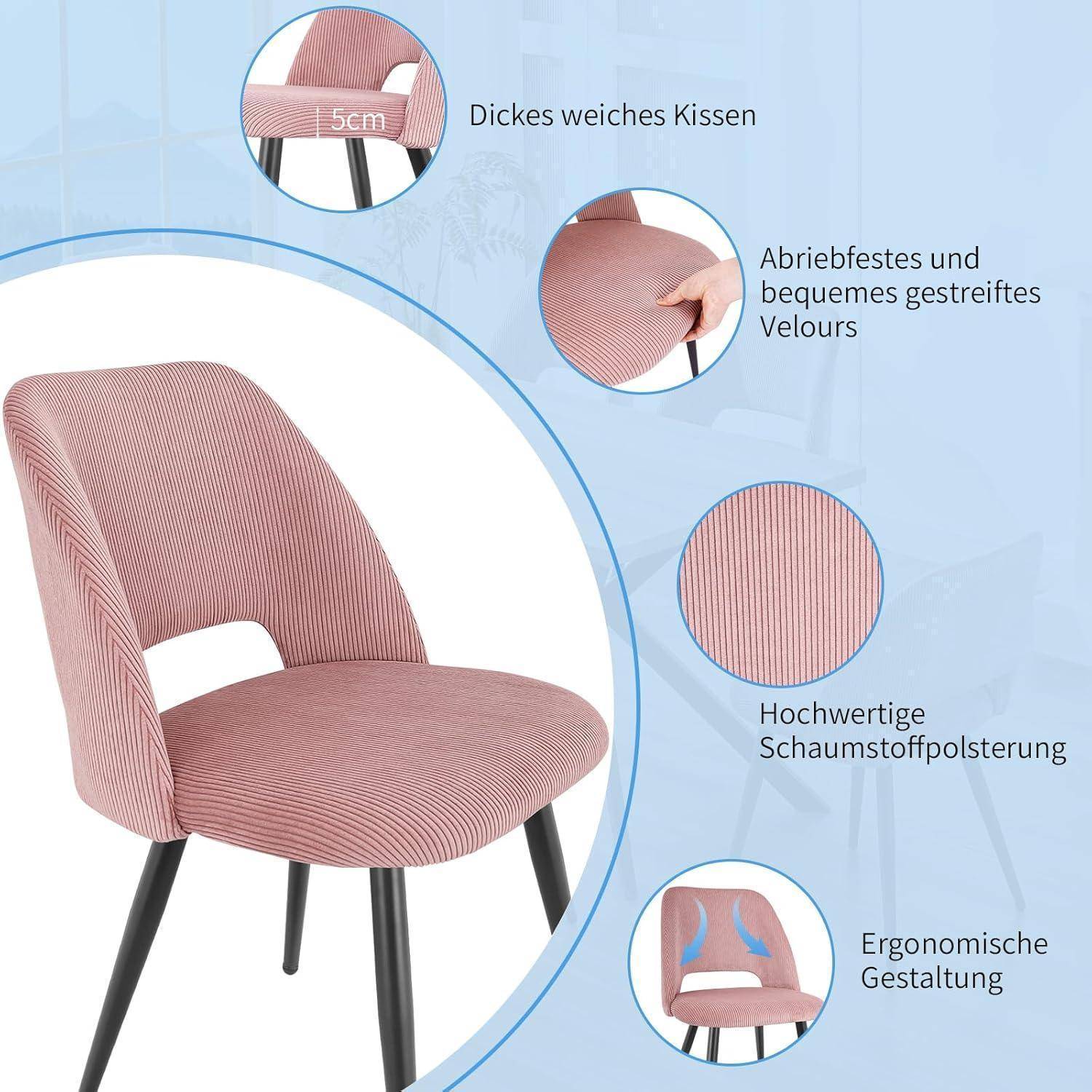 Rosa gepolsterter Esszimmerstuhl mit gestreiftem Samt, 5 cm dickes Kissen, langlebige Schaumstoffpolsterung und ergonomisches Design hervorgehoben im deutschen Text.