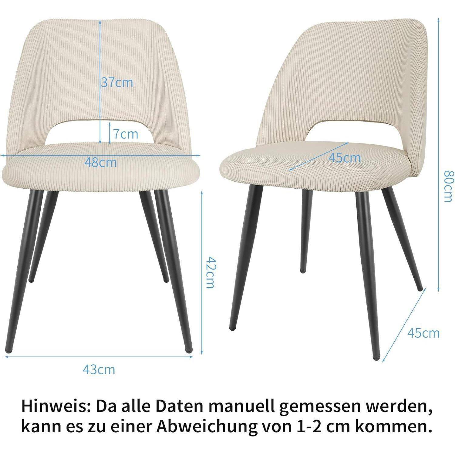 Zwei beigefarbene gepolsterte Stühle in Frontal- und Schrägansicht mit schwarzen Beinen und beschrifteten Maßen: 48 cm breit, 42 cm Sitzhöhe, 80 cm hoch; ein Hinweis besagt, dass die Maße um 1–2 cm abweichen können.