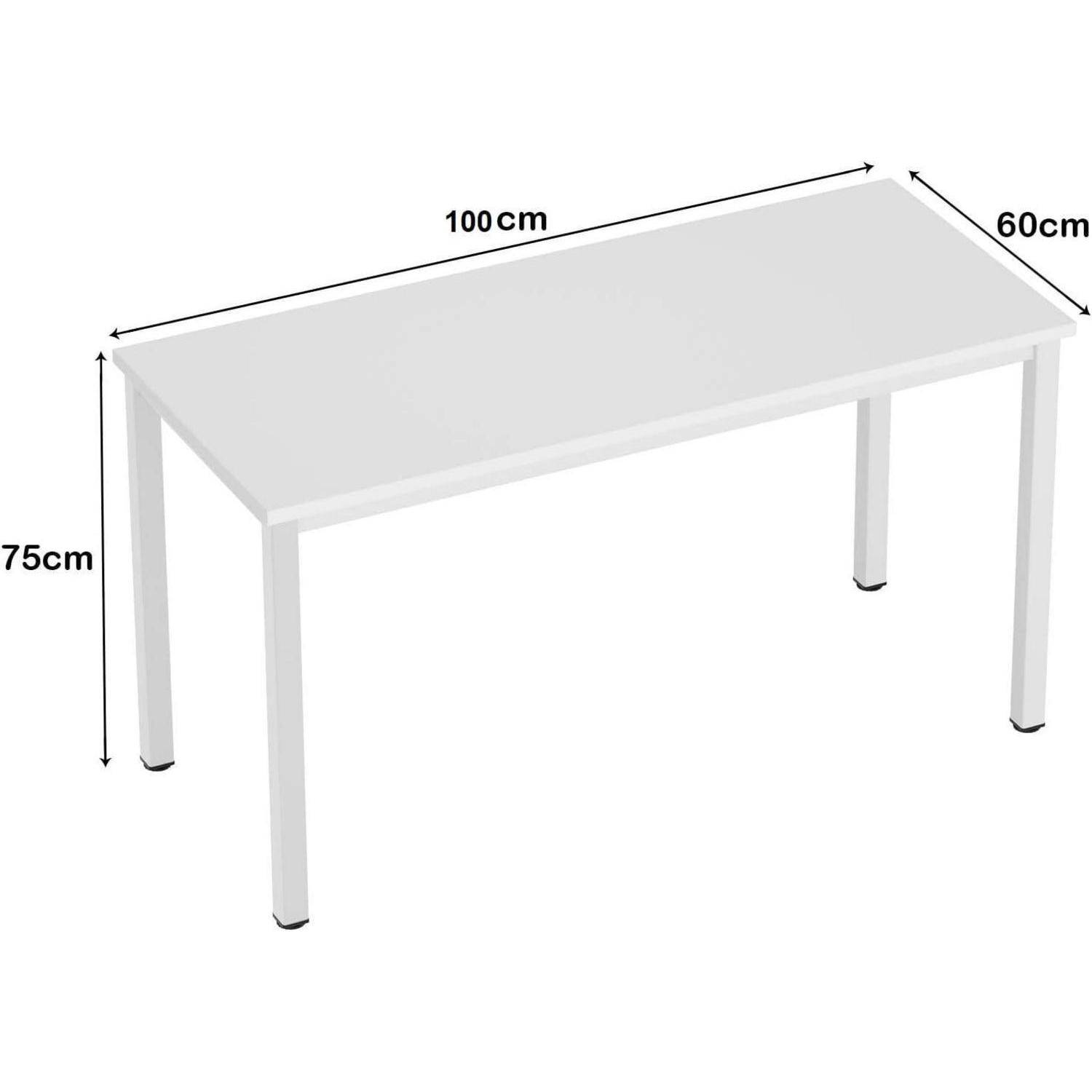 Weißer rechteckiger Tisch in Perspektive dargestellt mit beschrifteten Abmessungen: 100 cm lang, 60 cm breit, 75 cm hoch.