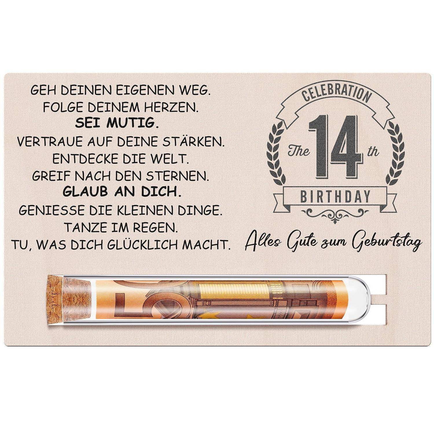 Geburtstagsgutschein mit deutschen inspirierenden Zitaten und einem „Celebration 14. Geburtstag