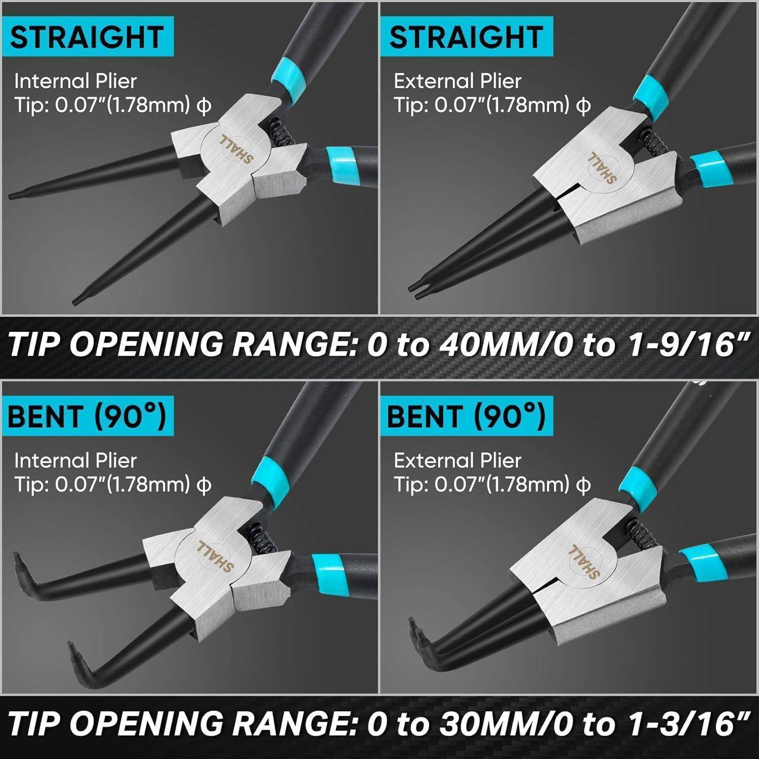 Vergleichstabelle von Zangen mit geraden und abgewinkelten 90°-Spitzen, zeigt interne und externe Varianten sowie Öffnungsbereiche der Spitzen: 0 bis 40 mm und 0 bis 30 mm.