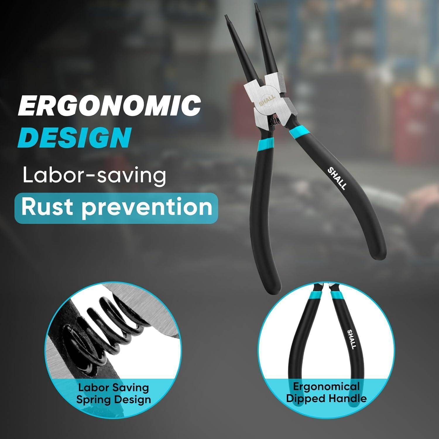 Werbegrafik für Zangen mit Hervorhebung von „ERGONOMISCHES DESIGN", „Arbeitsersparnis"" und „Rostschutz"" mit Nahaufnahmen des Federdesigns und beschichteter Griffe.