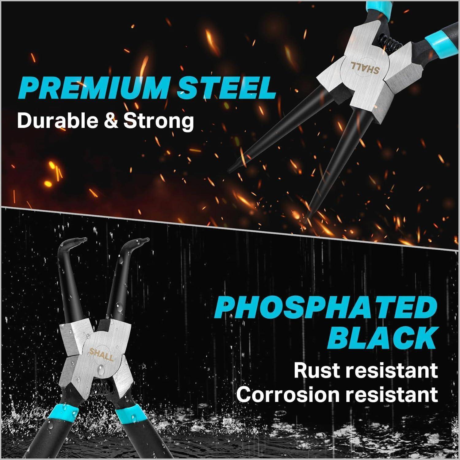 Werbebild einer Zange mit Hervorhebung von „Premium-Stahl", „Langlebig & Robust"", „Phosphatiert Schwarz"" und Rost- sowie Korrosionsbeständigkeit.
