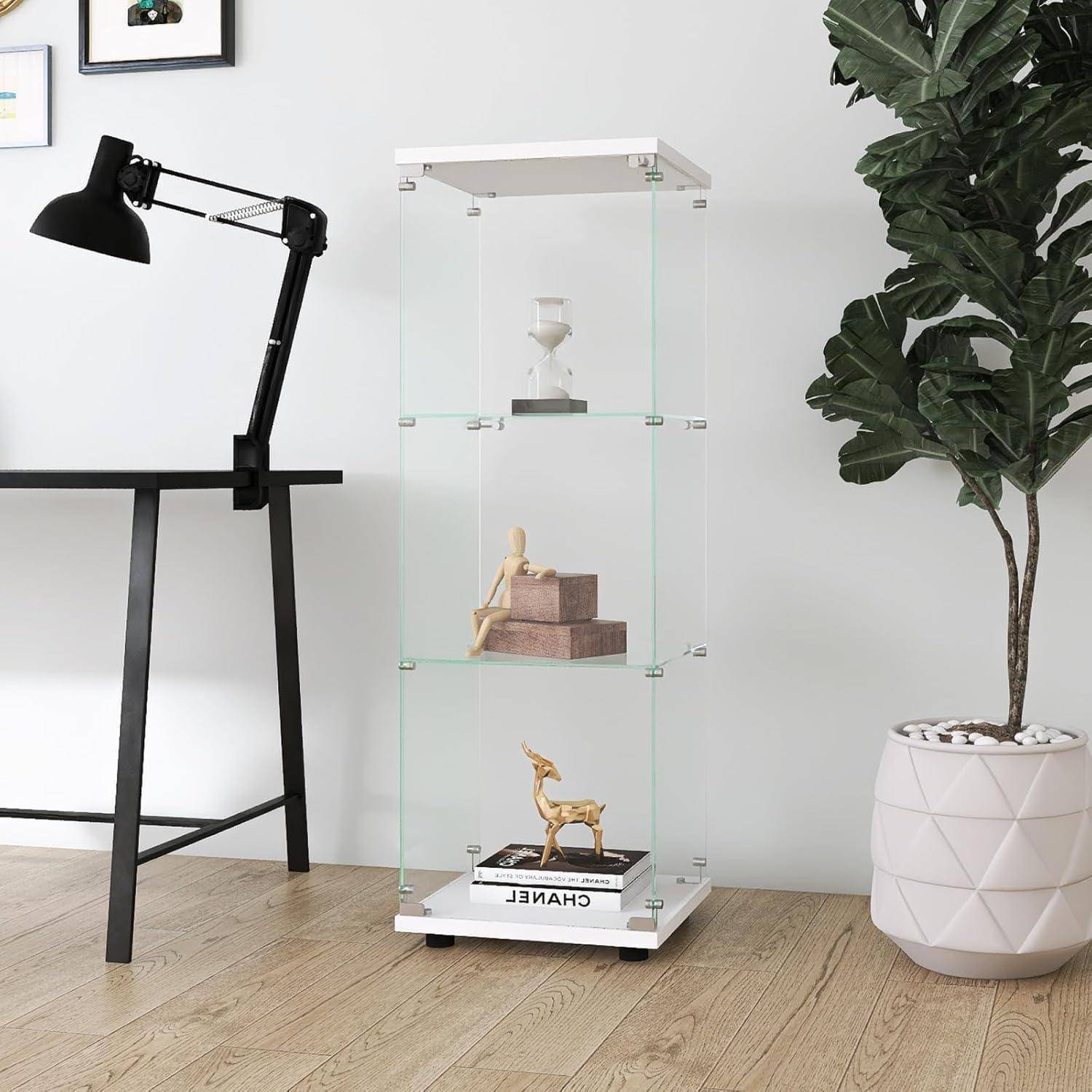 Vitrine aus Glas mit LED, Moderne Vitrine aus gehärtetem Glas, 3 Schichten mit 1 Tür, Sammlervitrine, transparent, freistehend, für Wohnzimmer, Sch